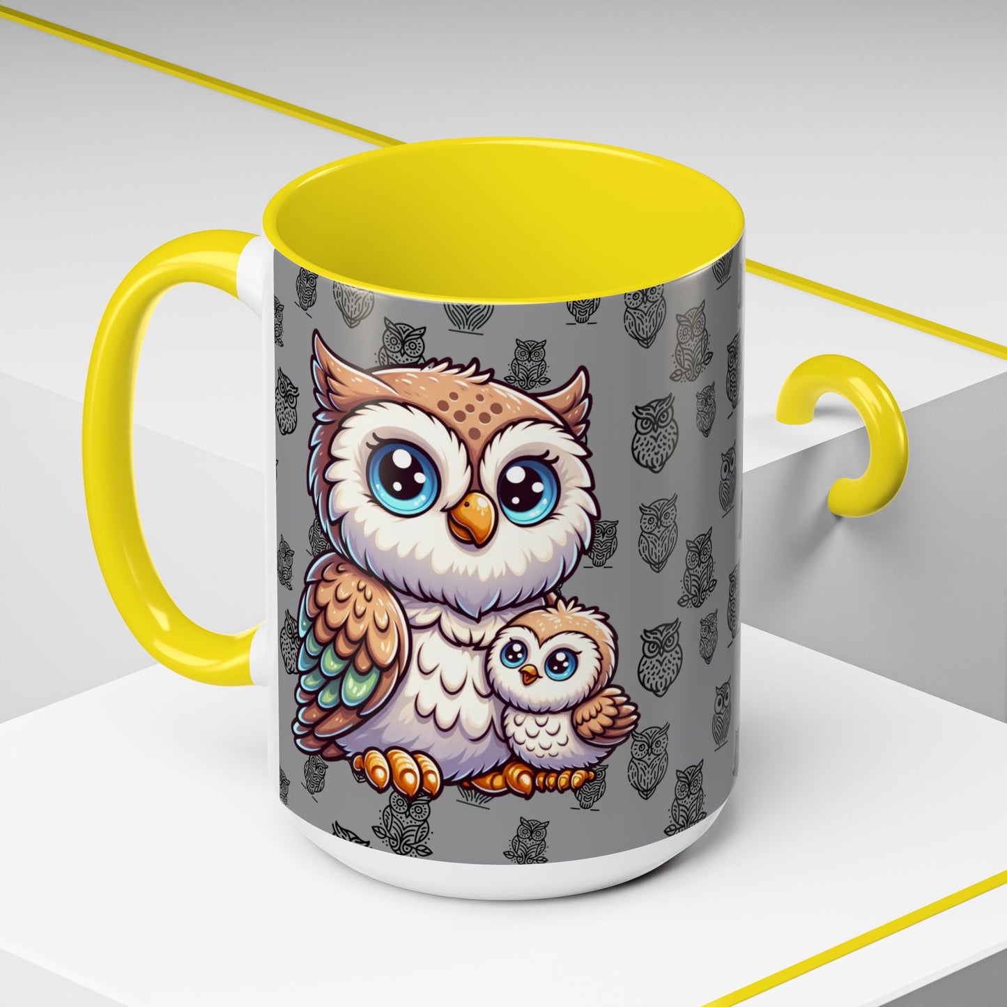 Gray Coffee Mug - Owl Family - Colorful Inspirational Owl Design