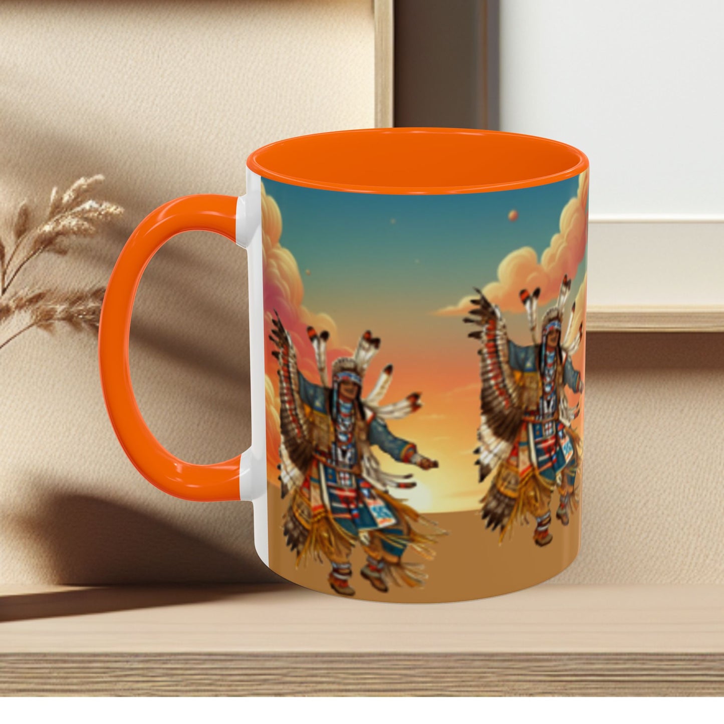 Sunset Powwow Ceramic Mug — Native American Dancer Accent Coffee Mug (11/15oz)