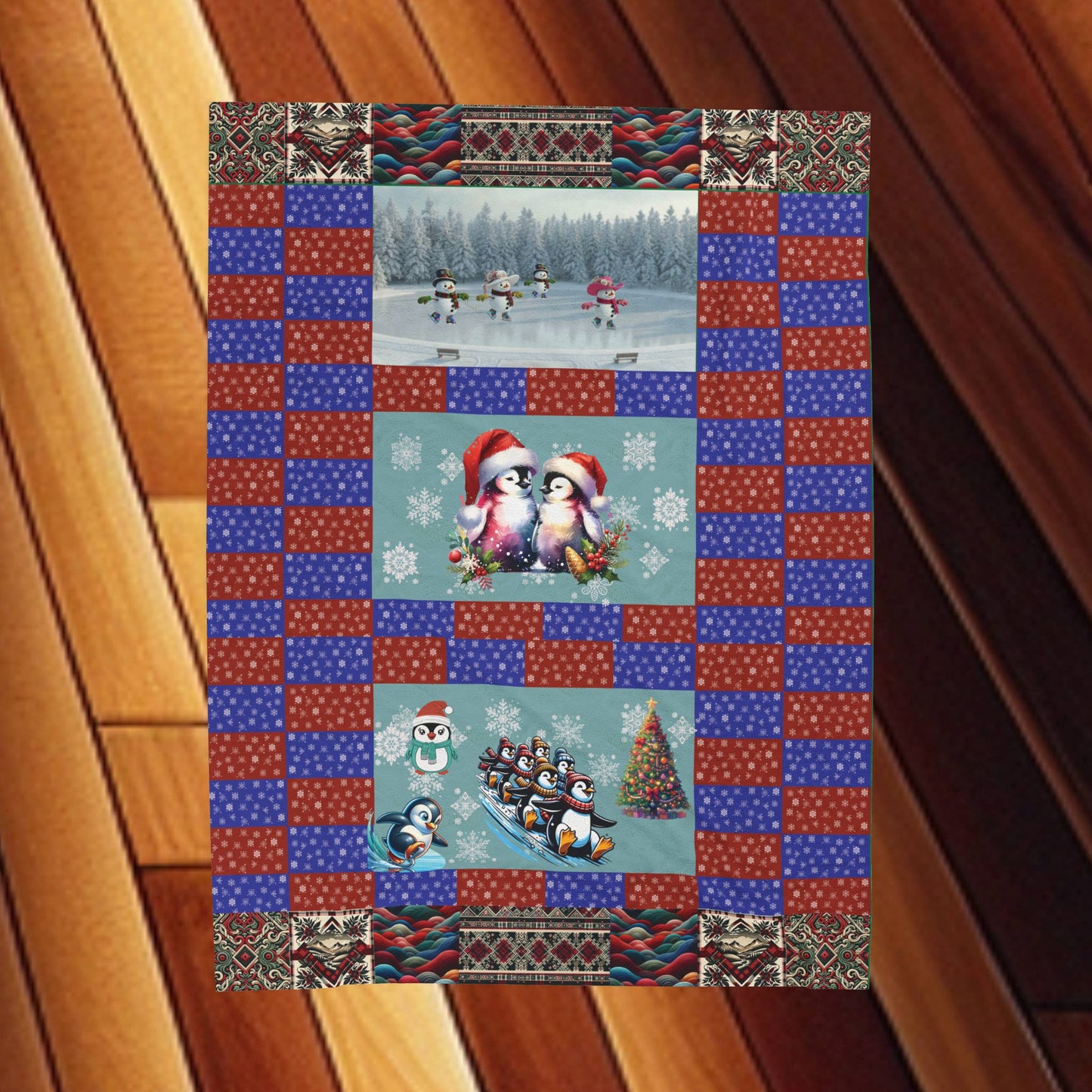 Winter Fun Velveteen Plush Blanket — Snowmen, Penguins & Birds in Love Throw