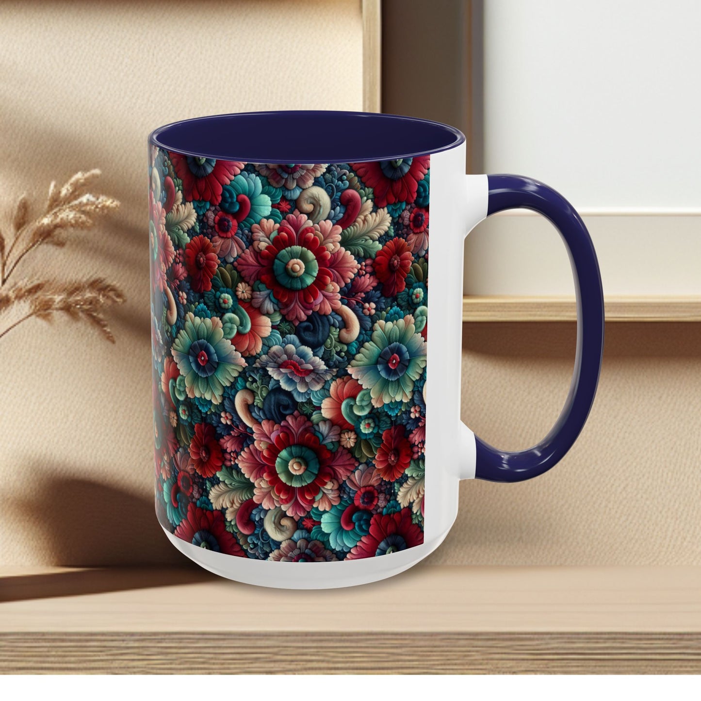 Beautiful Floral Pattern Accent Coffee Mug — Vibrant Vintage Bloom Design (11/15oz)