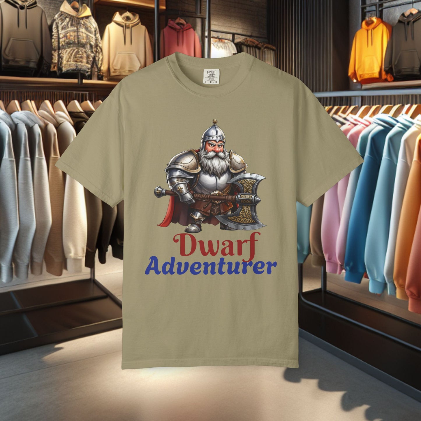 Dwarf Adventurer Tee — Dwarf with Armor and Battle Axe Graphic T-Shirt