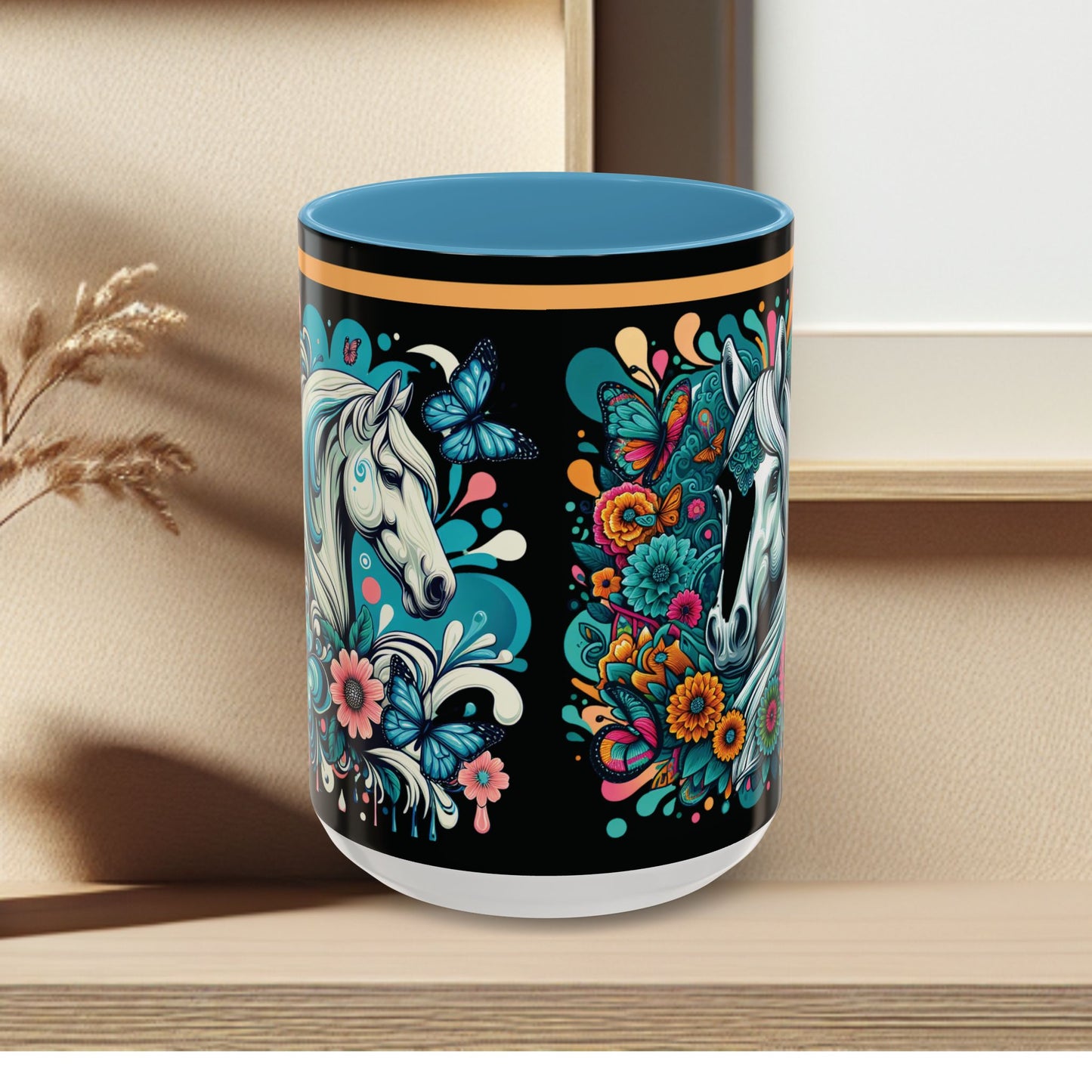 Coffee Mug White Horses with Blue Highlights in Flowers - Mug
