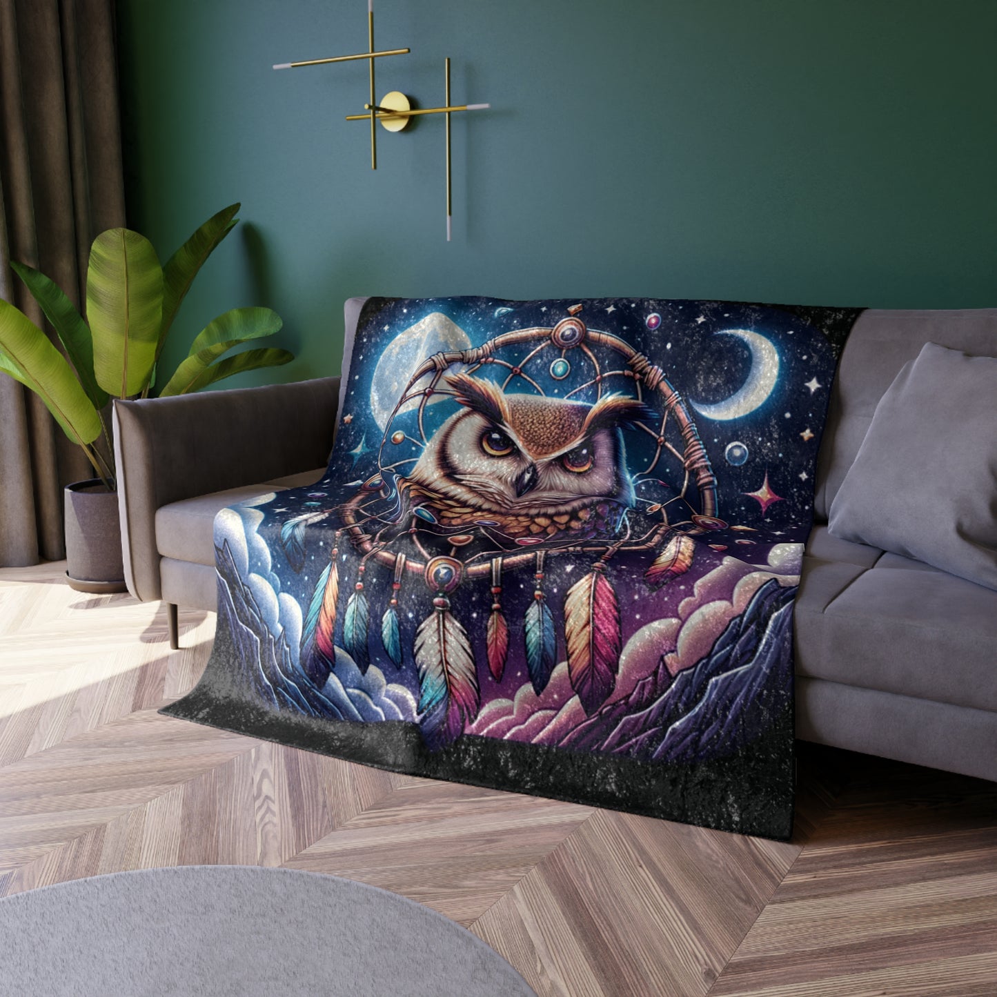 Owl Dreamcatcher Crushed Velvet Blanket — Moonlit Boho Throw