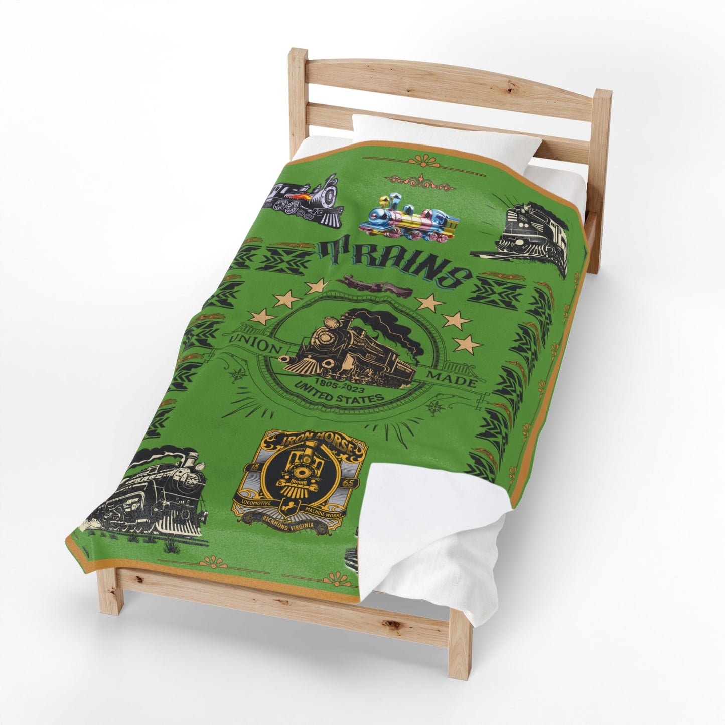 Trains 60 x 80 Green Velveteen Plush Blanket - gift for train enthusiasts.