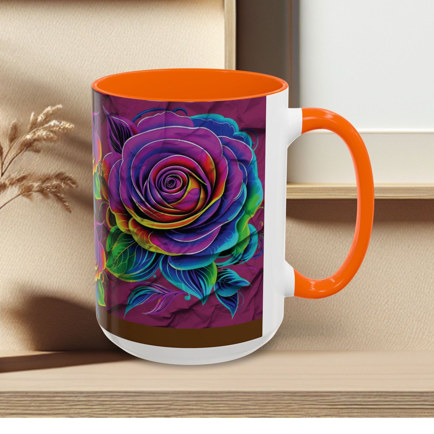 Rainbow Rose Accent Coffee Mug — Colorful Floral 11/15oz