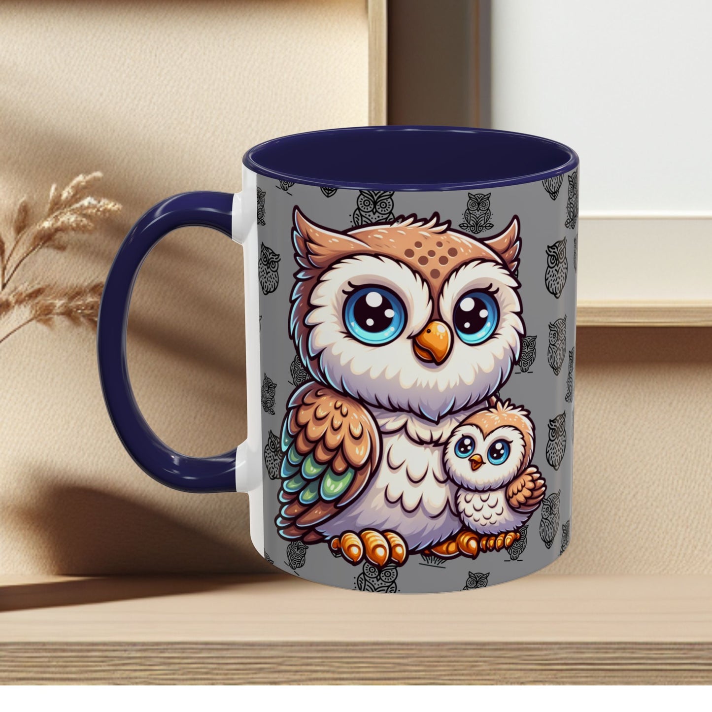 Gray Coffee Mug - Owl Family - Colorful Inspirational Owl Design