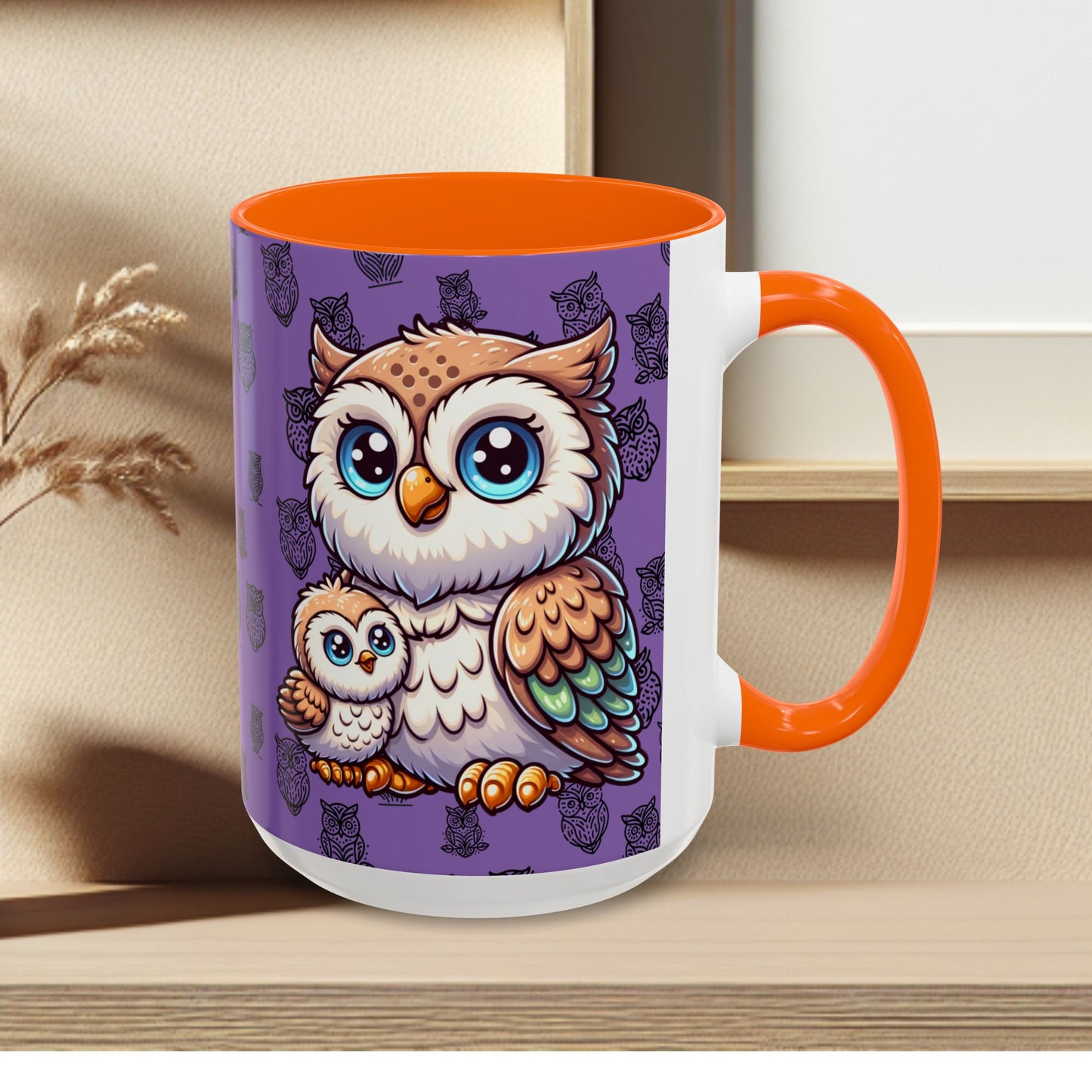 Purple Coffee Mug - Owl Family - Colorful Inspirational Owl Design