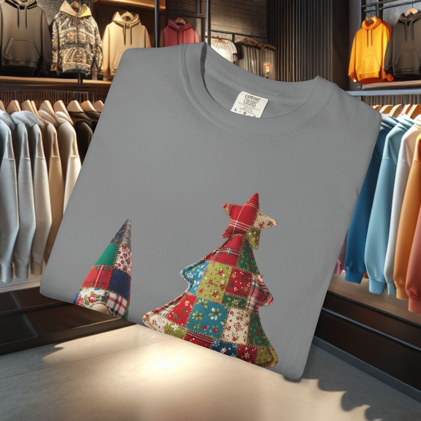Patchwork Gnome and Christmas Tree, Garment-Dyed T-Shirt — pho Patchwork Festive Top