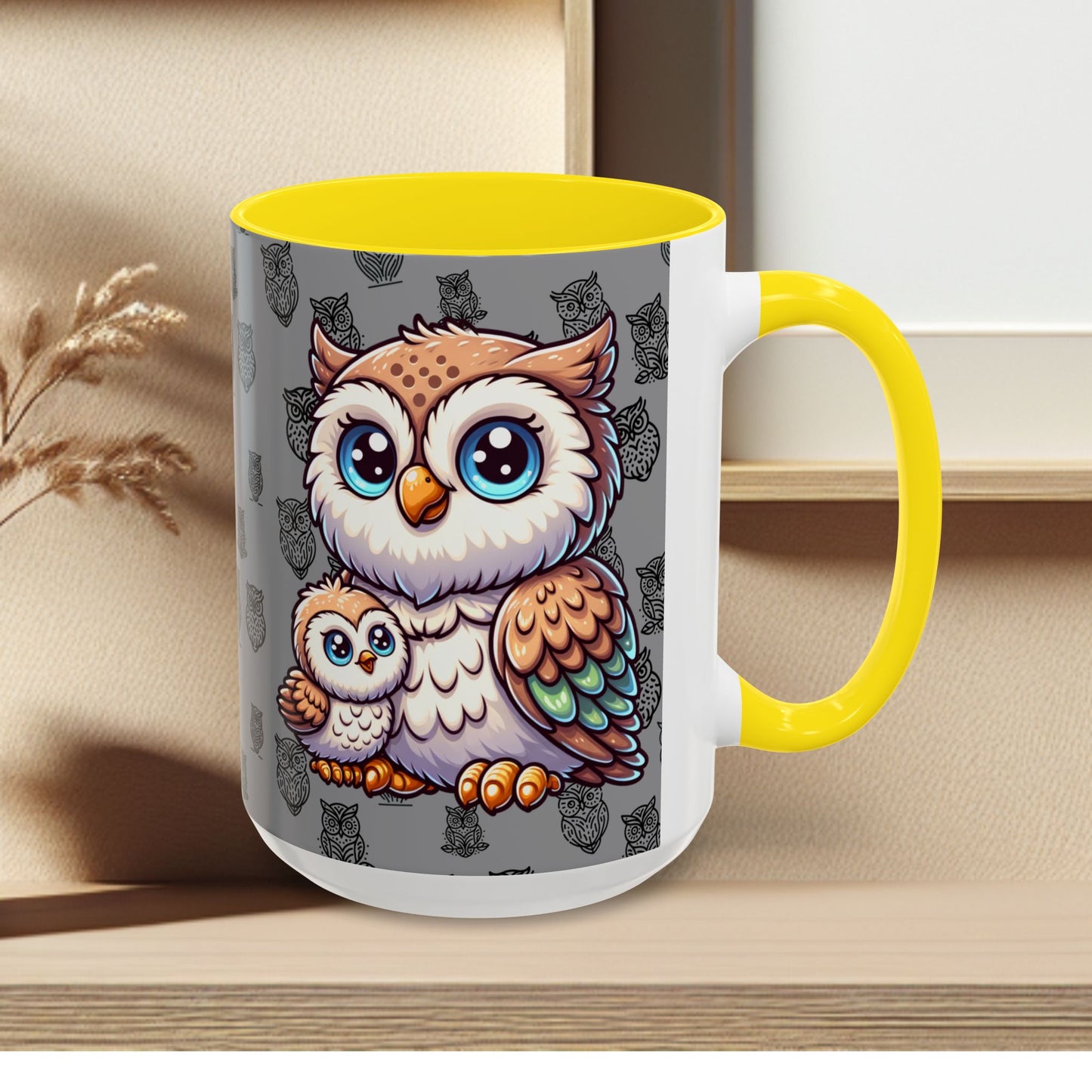 Gray Coffee Mug - Owl Family - Colorful Inspirational Owl Design