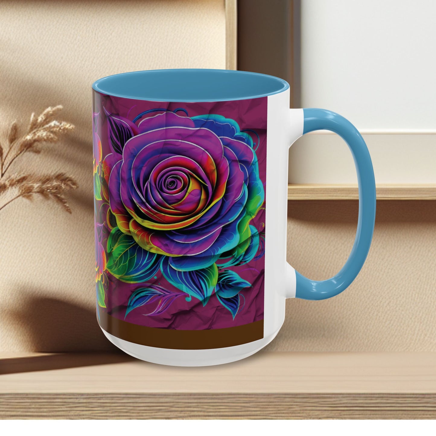 Rainbow Rose Accent Coffee Mug — Colorful Floral 11/15oz