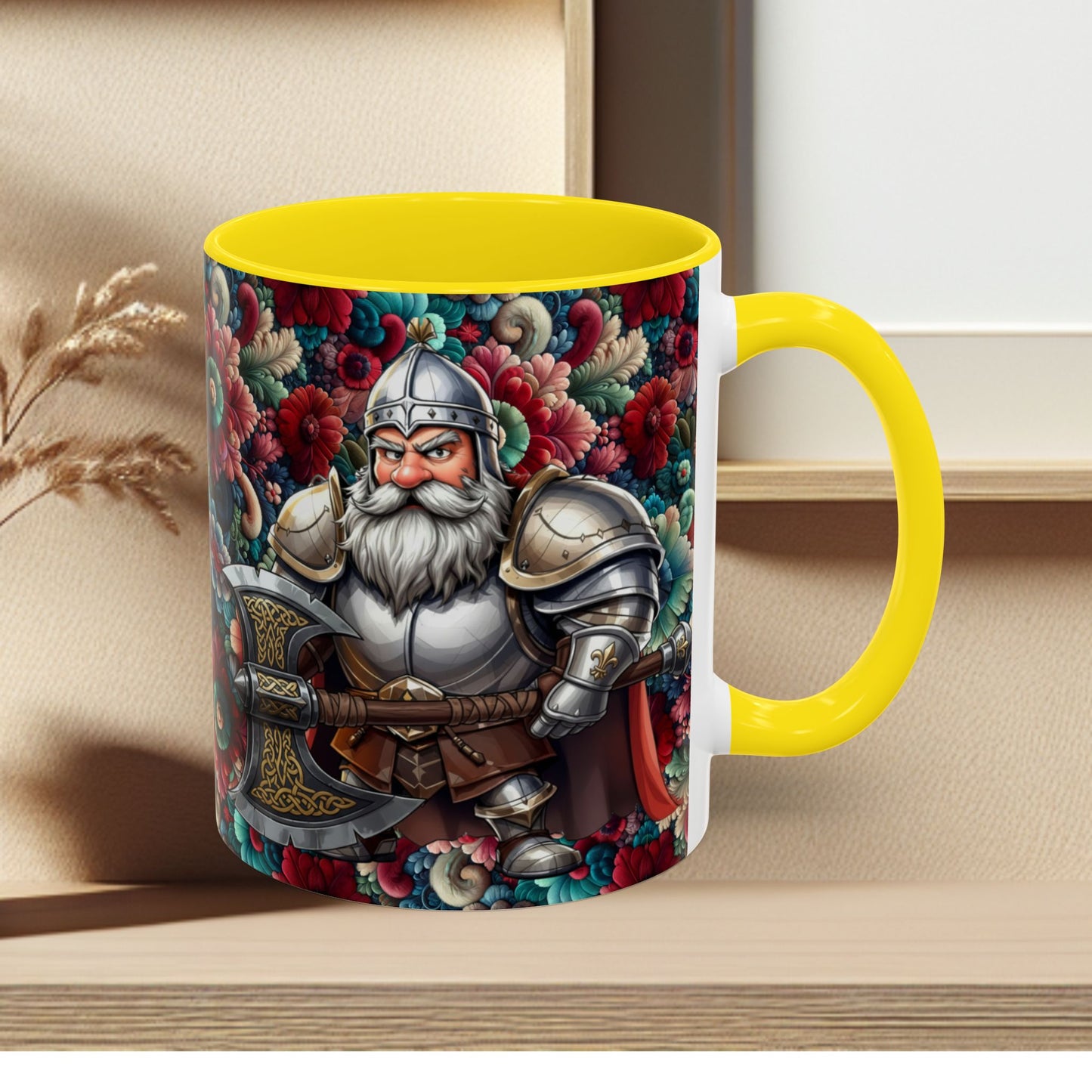 Adventurers Accent Coffee Mug — Dwarf within Armor with a Double-Bladed Battle Axe Design (11/15oz)