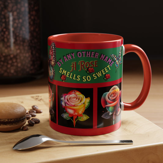 Red Mug - Floral Butterfly Accent Coffee Mug - 'By Any Other Name A Rose Smells So Sweet'