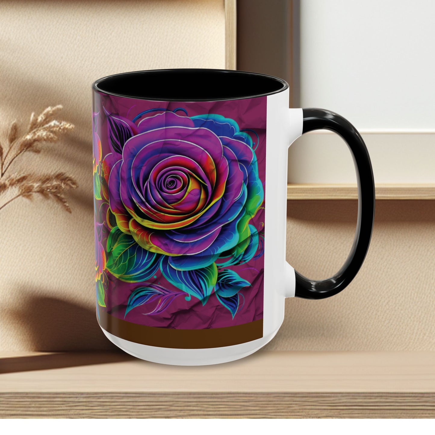 Rainbow Rose Accent Coffee Mug — Colorful Floral 11/15oz