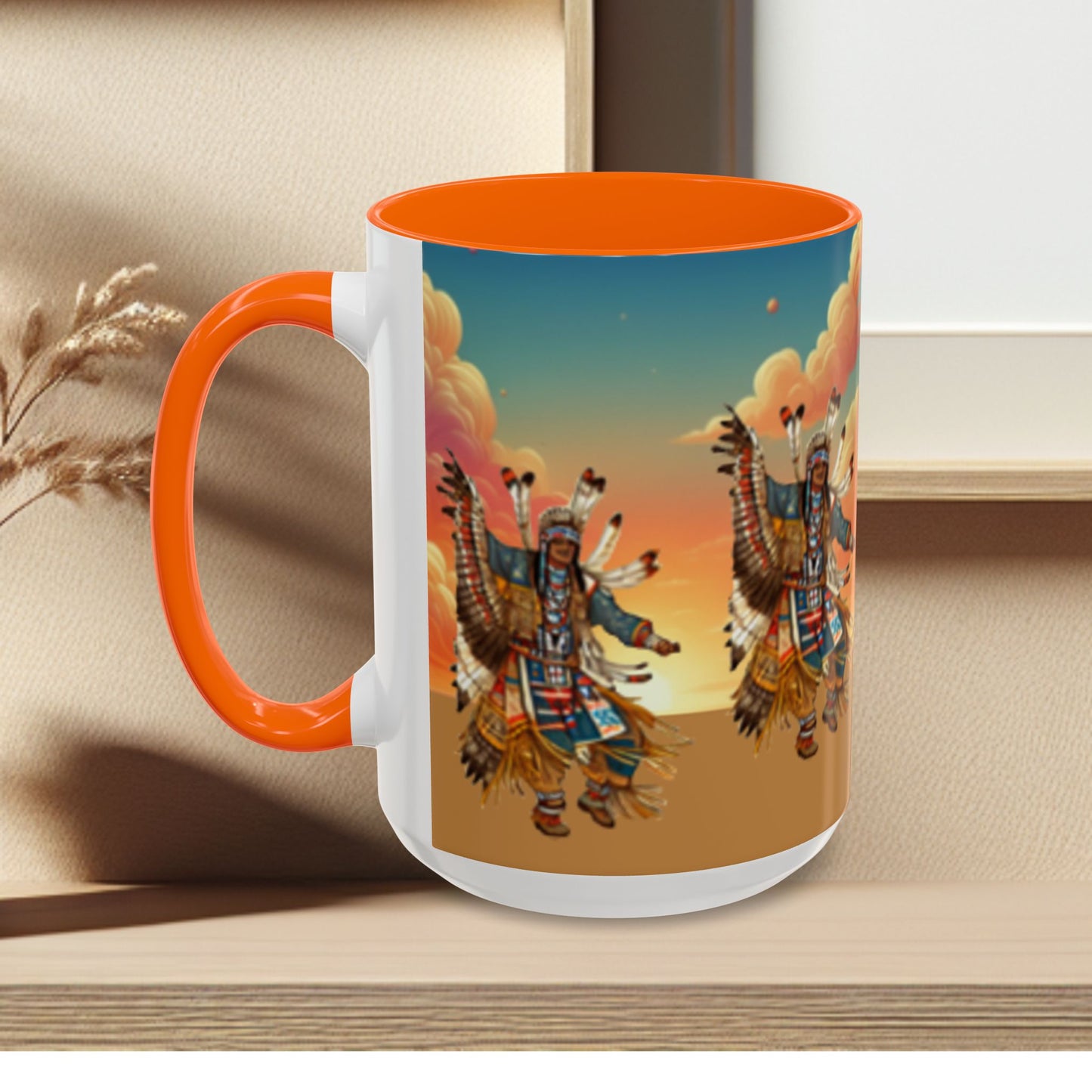 Sunset Powwow Ceramic Mug — Native American Dancer Accent Coffee Mug (11/15oz)