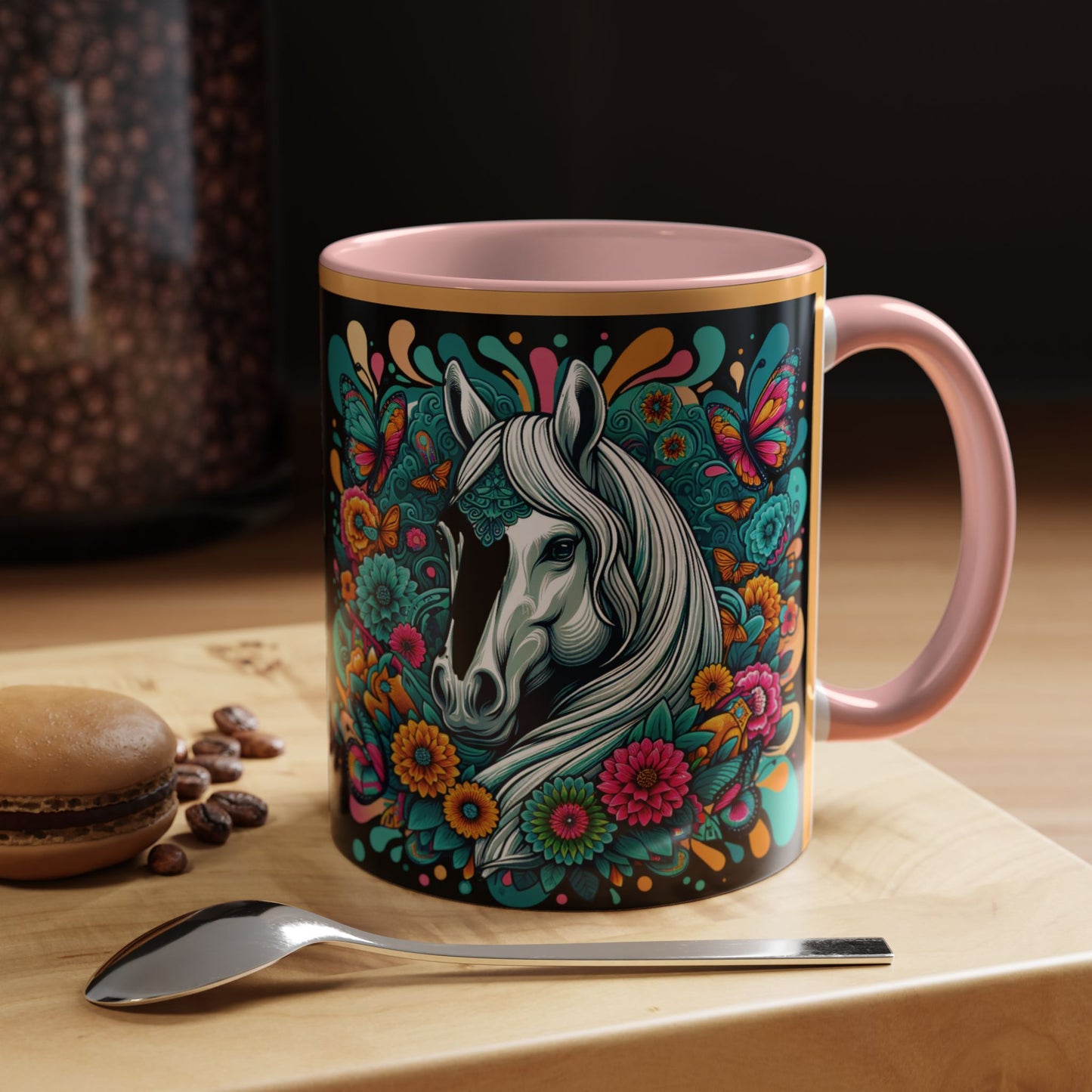 Coffee Mug White Horses with Blue Highlights in Flowers - Mug