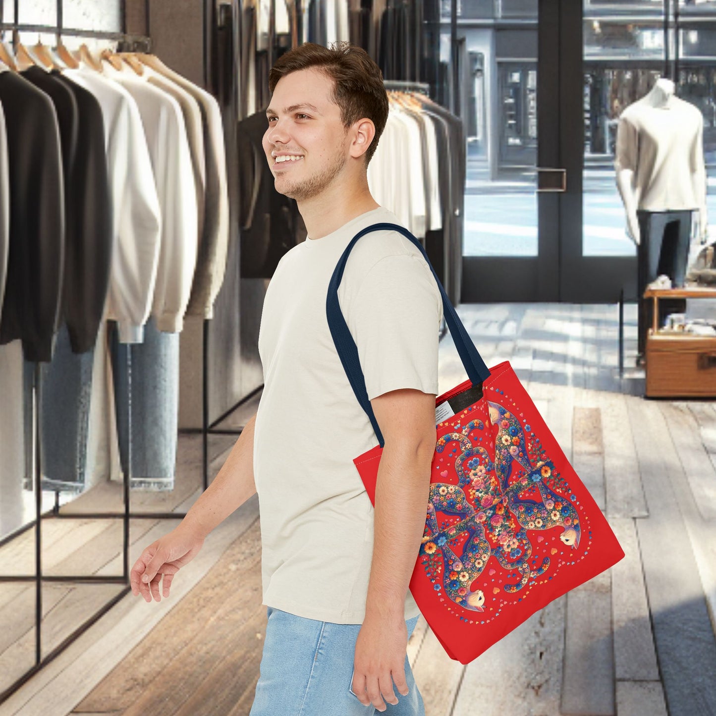 Loving Cat Flower Mozaic Tote Bag Dark Red