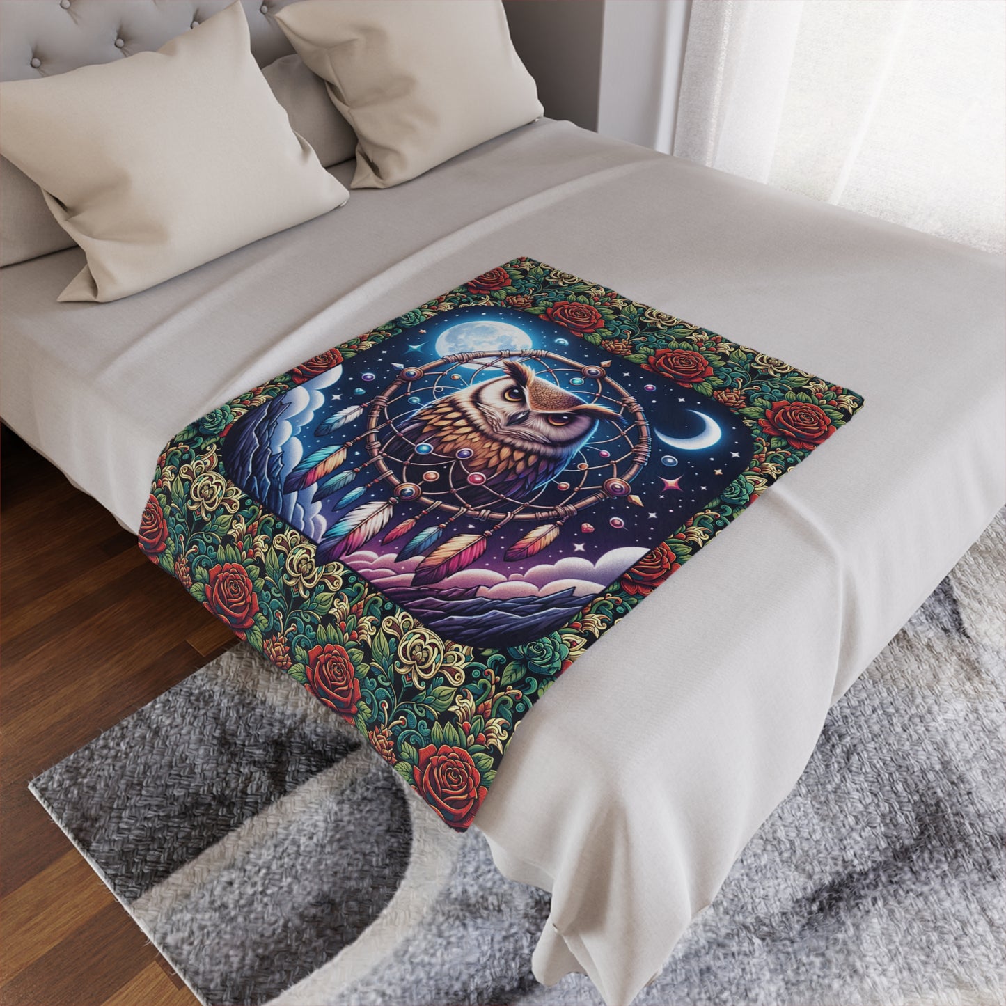 Owl Dreamcatcher Minky Blanket – Boho Night Sky Throw with Roses
