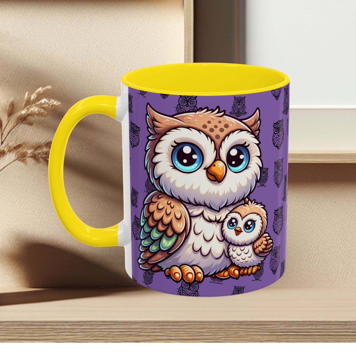 Purple Coffee Mug - Owl Family - Colorful Inspirational Owl Design