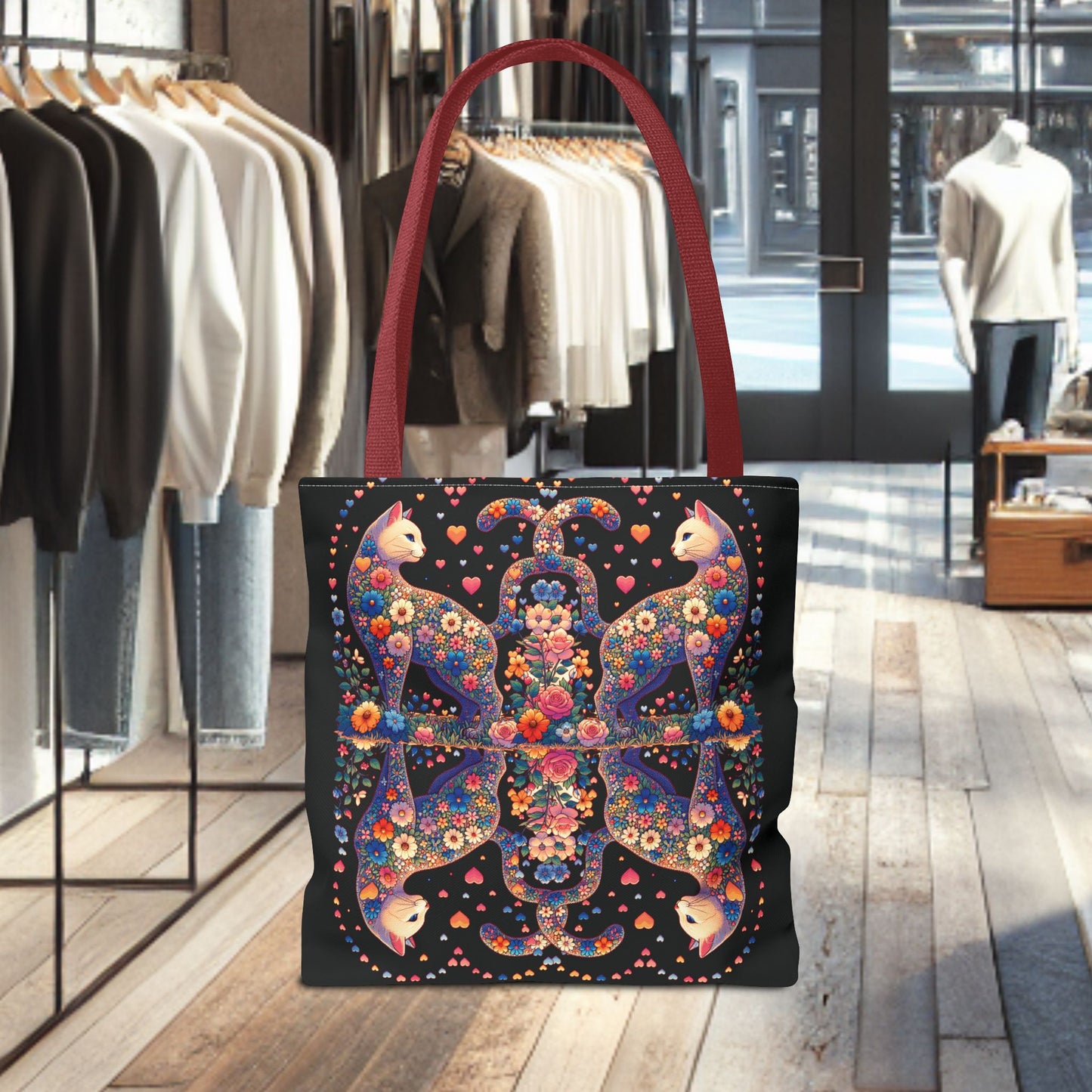 Mosaic Loving Cat Black Tote Bag (AOP)