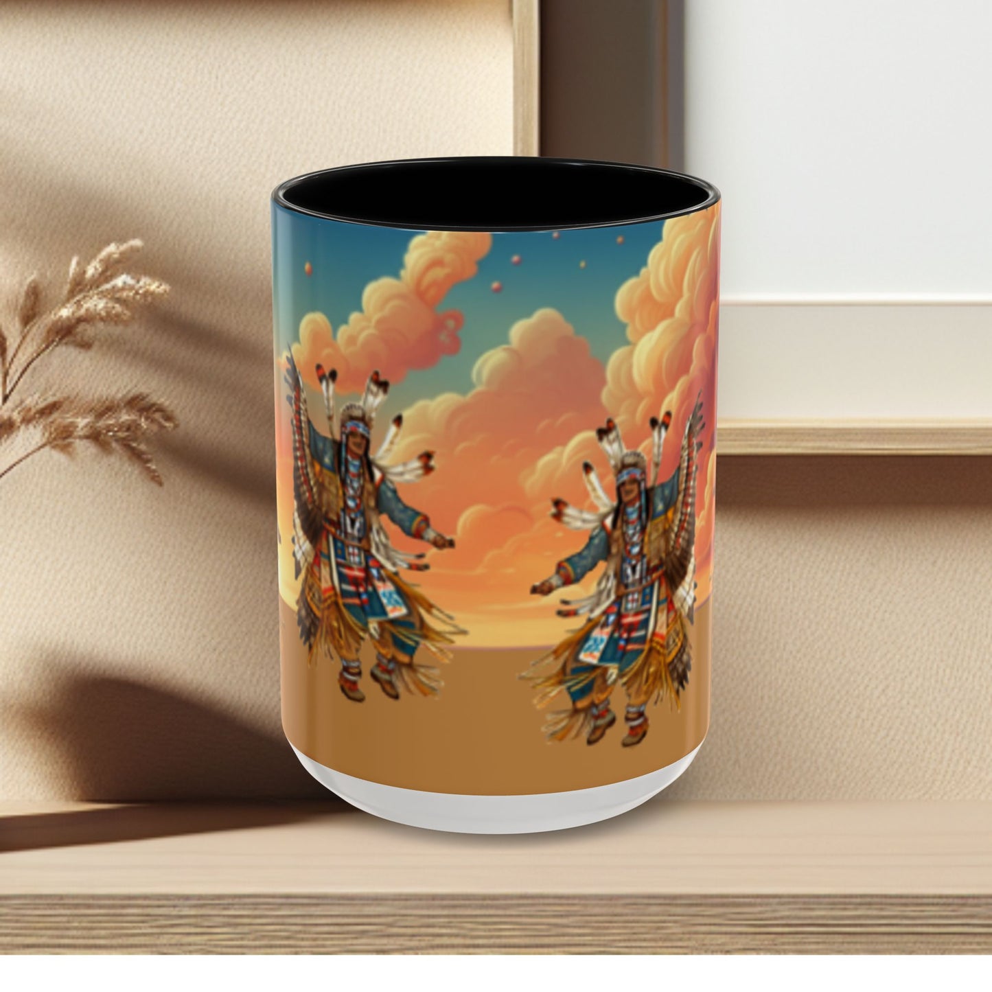 Sunset Powwow Ceramic Mug — Native American Dancer Accent Coffee Mug (11/15oz)