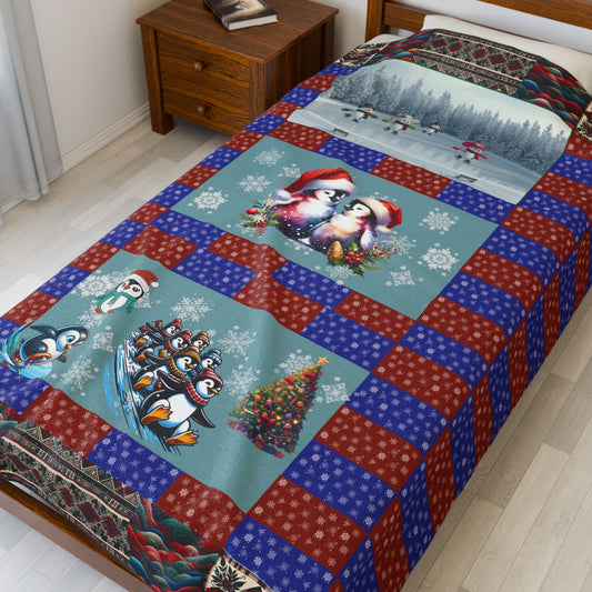 Winter Fun Velveteen Plush Blanket — Snowmen, Penguins & Birds in Love Throw