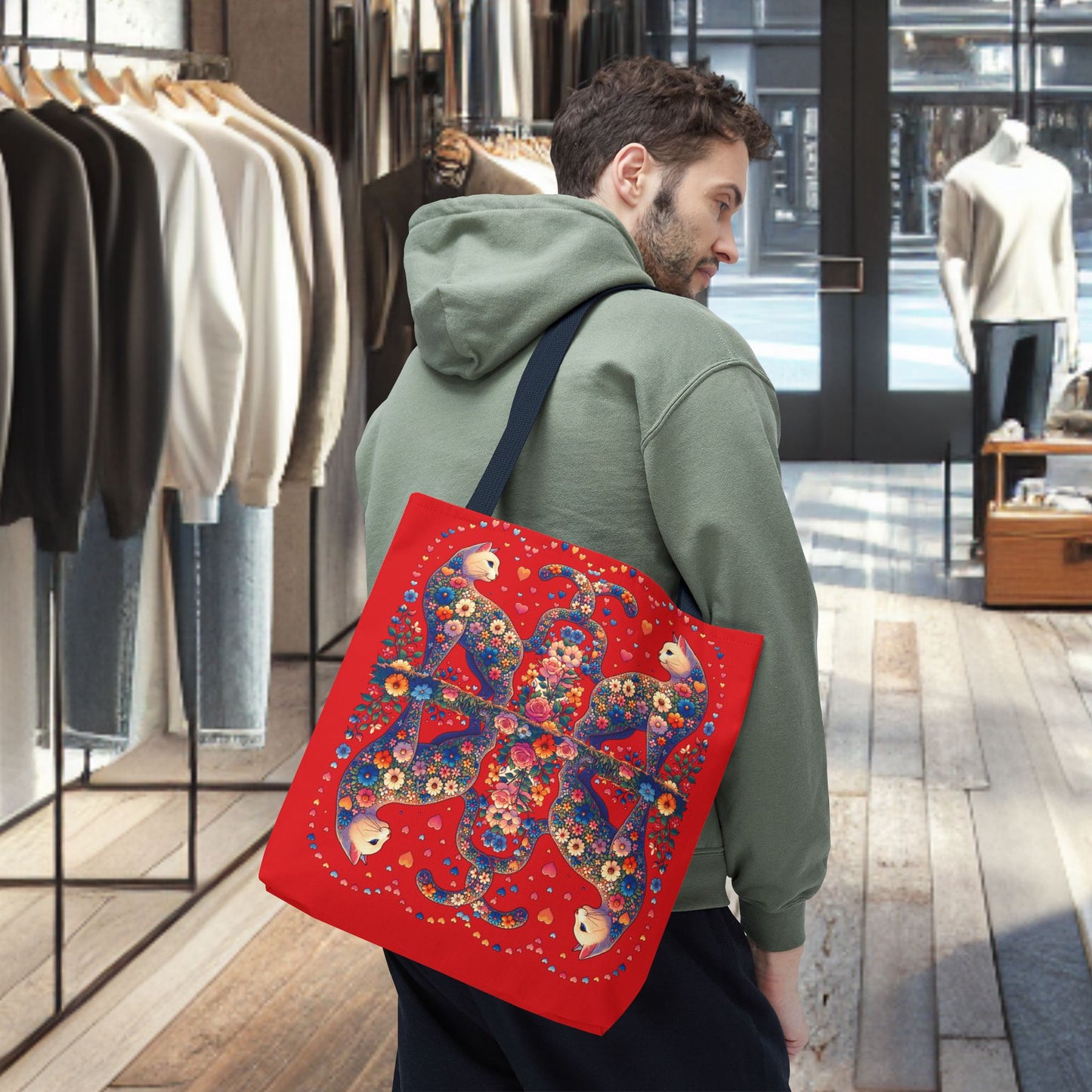 Loving Cat Flower Mozaic Tote Bag Dark Red