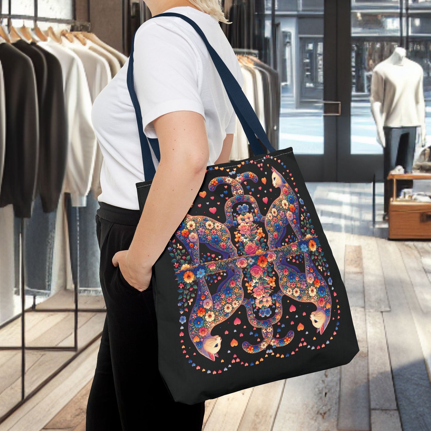 Mosaic Loving Cat Black Tote Bag (AOP)