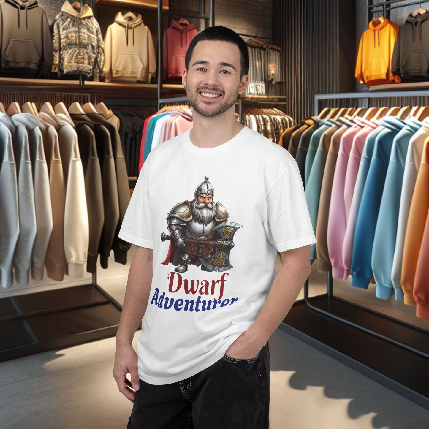 Dwarf Adventurer Tee — Dwarf with Armor and Battle Axe Graphic T-Shirt
