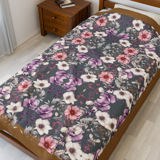 Floral Velveteen Blanket - with a Gray Background and a Gold Border