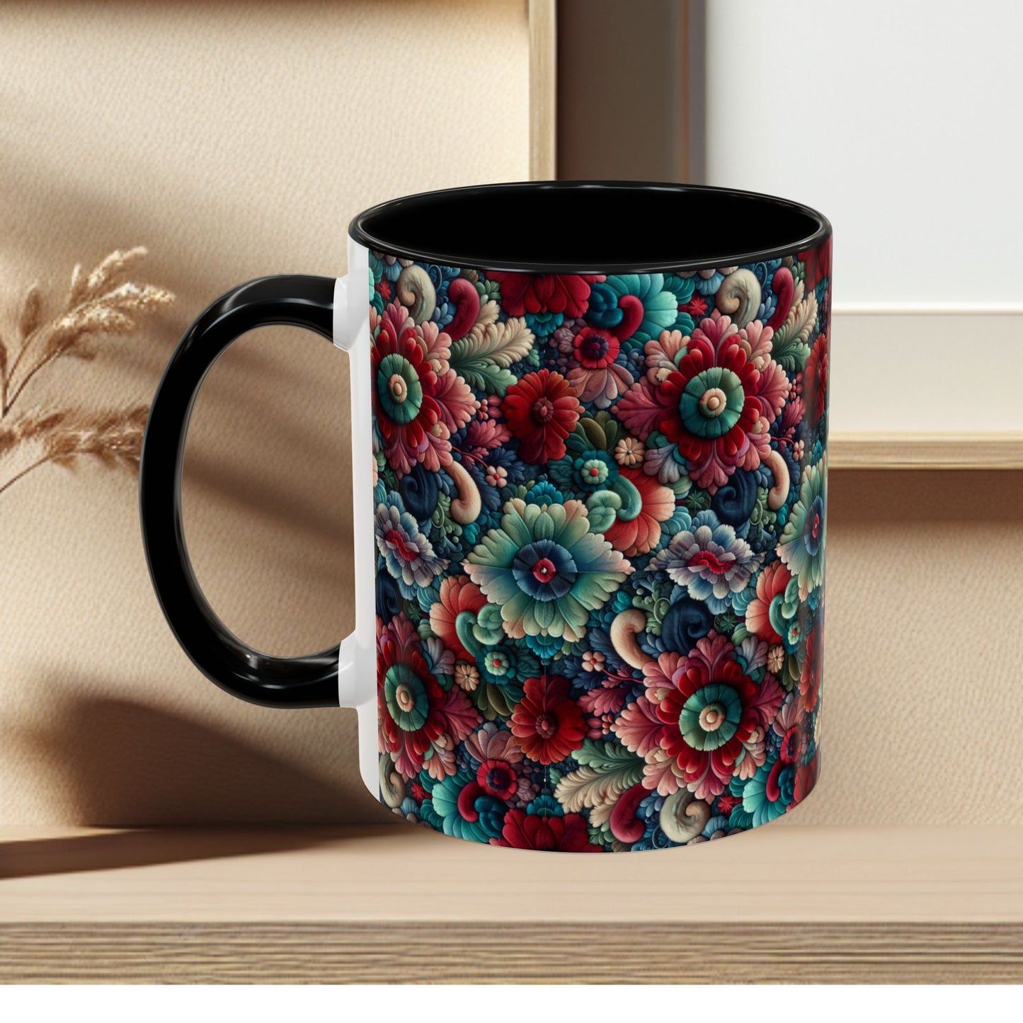 Beautiful Floral Pattern Accent Coffee Mug — Vibrant Vintage Bloom Design (11/15oz)