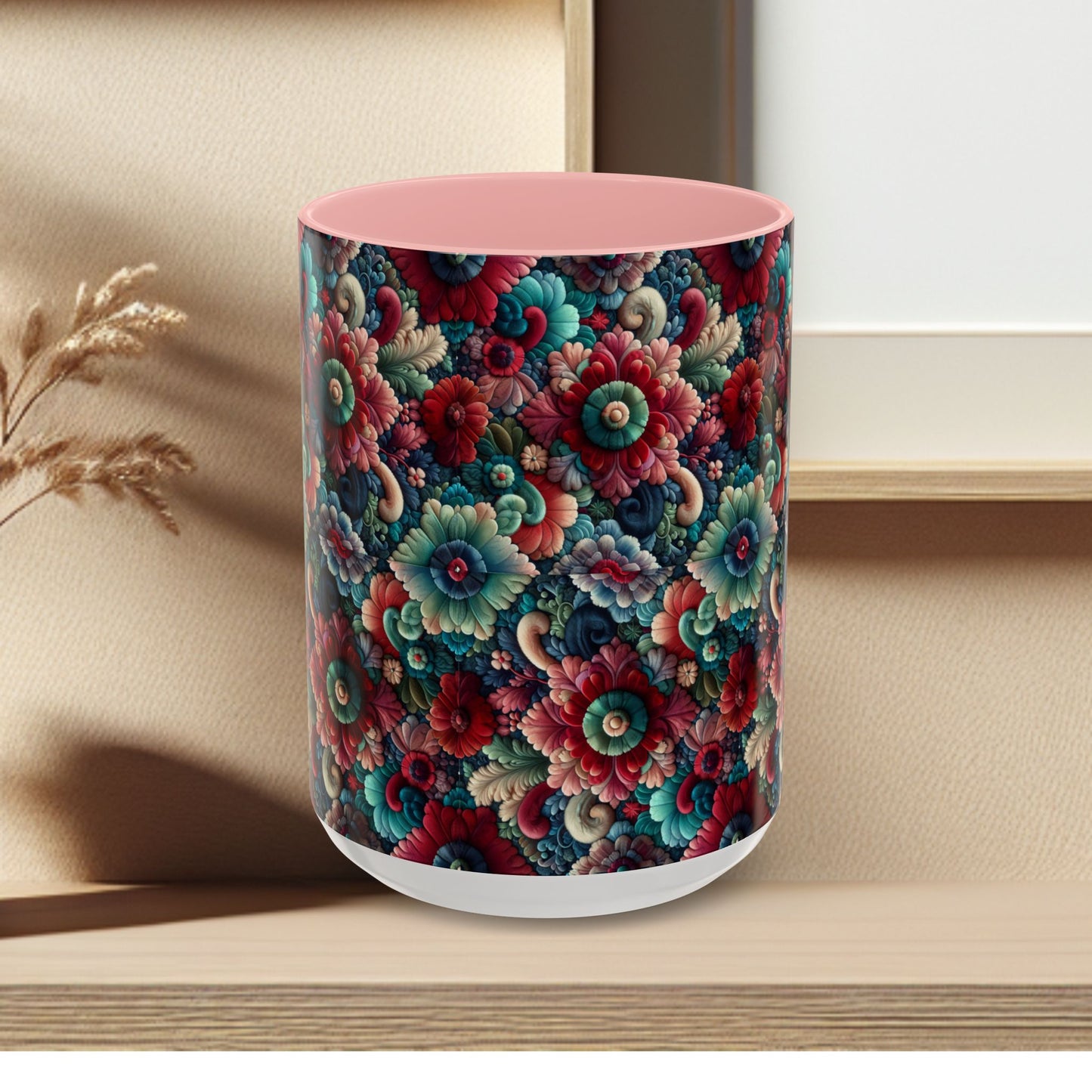 Beautiful Floral Pattern Accent Coffee Mug — Vibrant Vintage Bloom Design (11/15oz)
