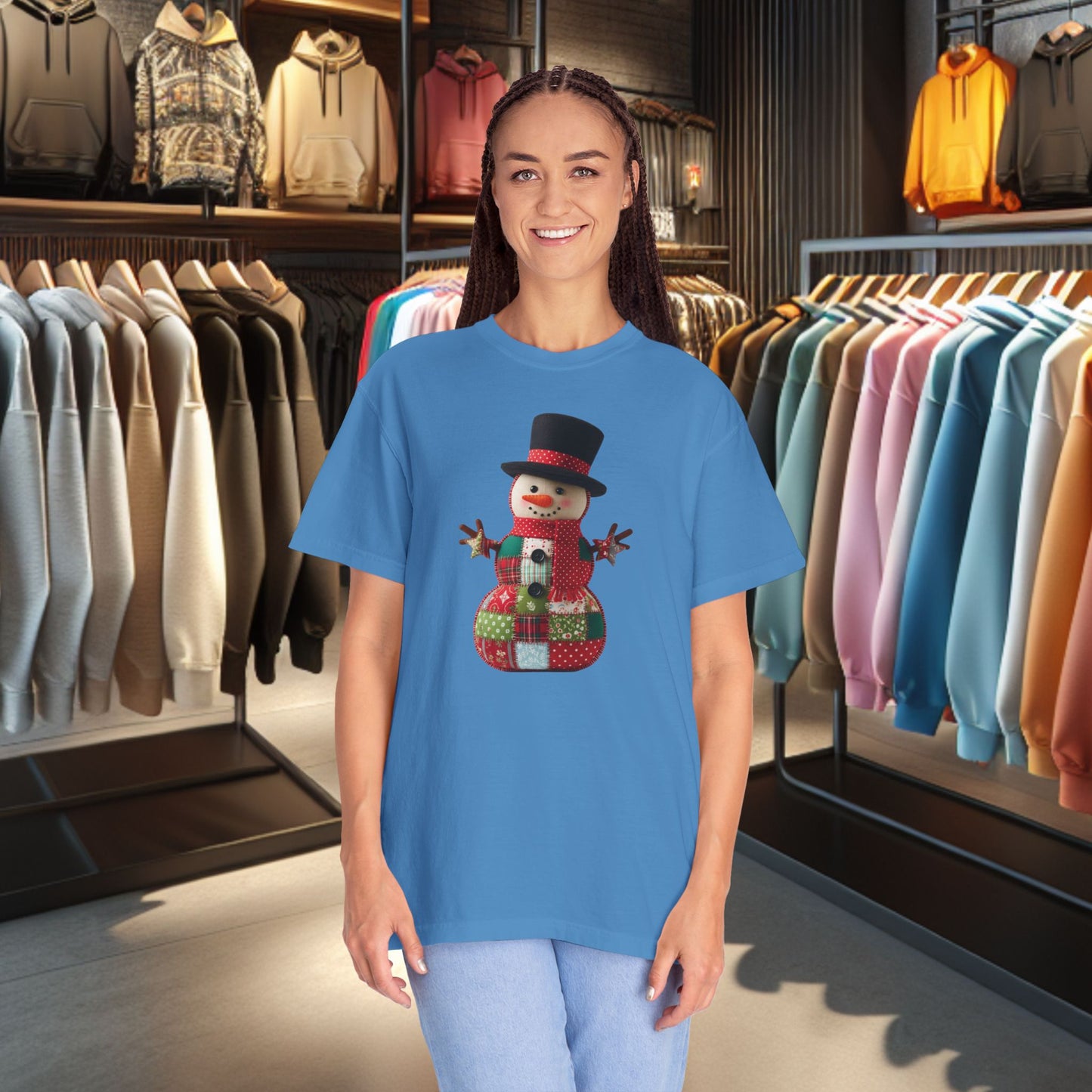 Patchwork Snowman T-Shirt — "Faux Patchwork" Garment-Dyed