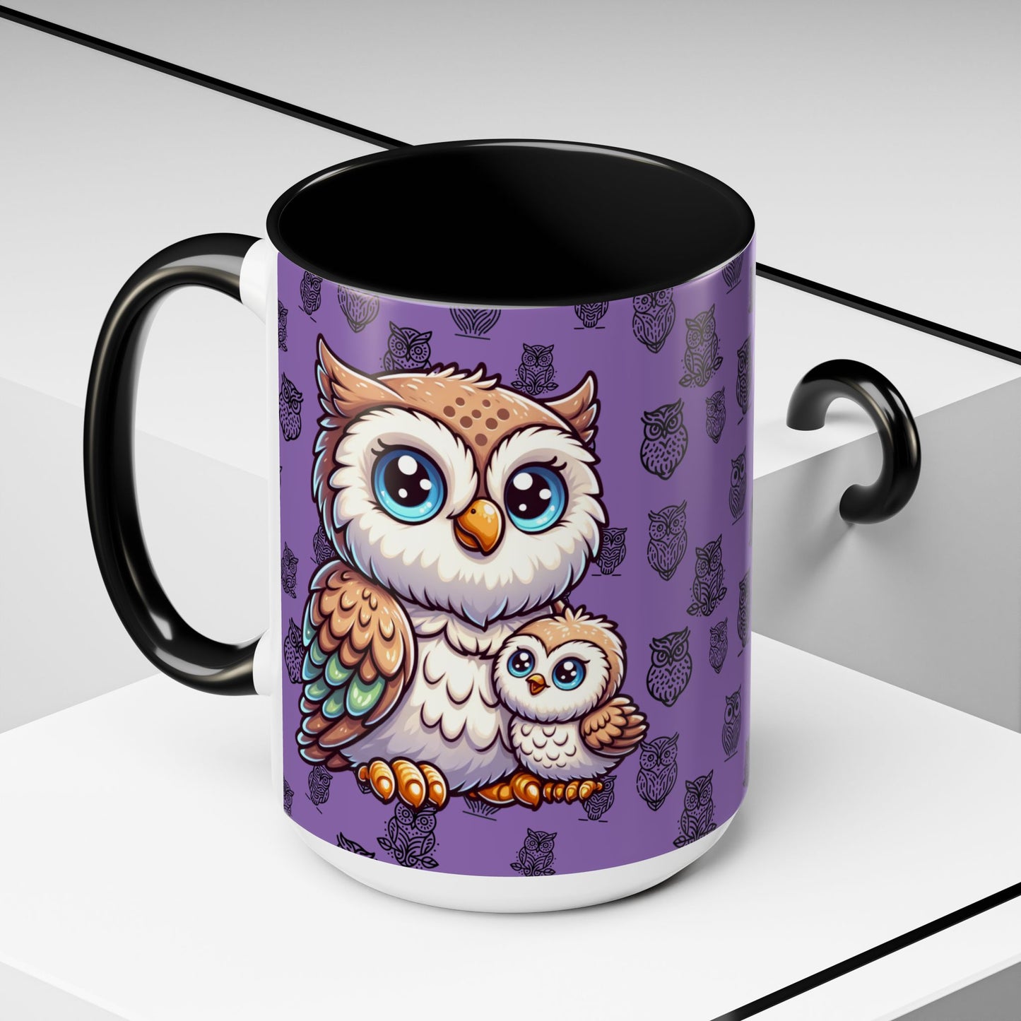 Purple Coffee Mug - Owl Family - Colorful Inspirational Owl Design