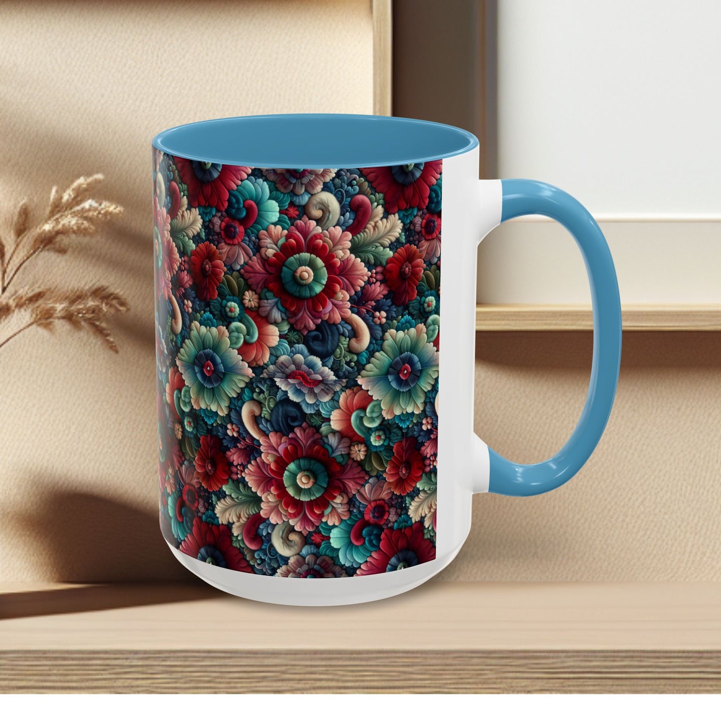 Beautiful Floral Pattern Accent Coffee Mug — Vibrant Vintage Bloom Design (11/15oz)