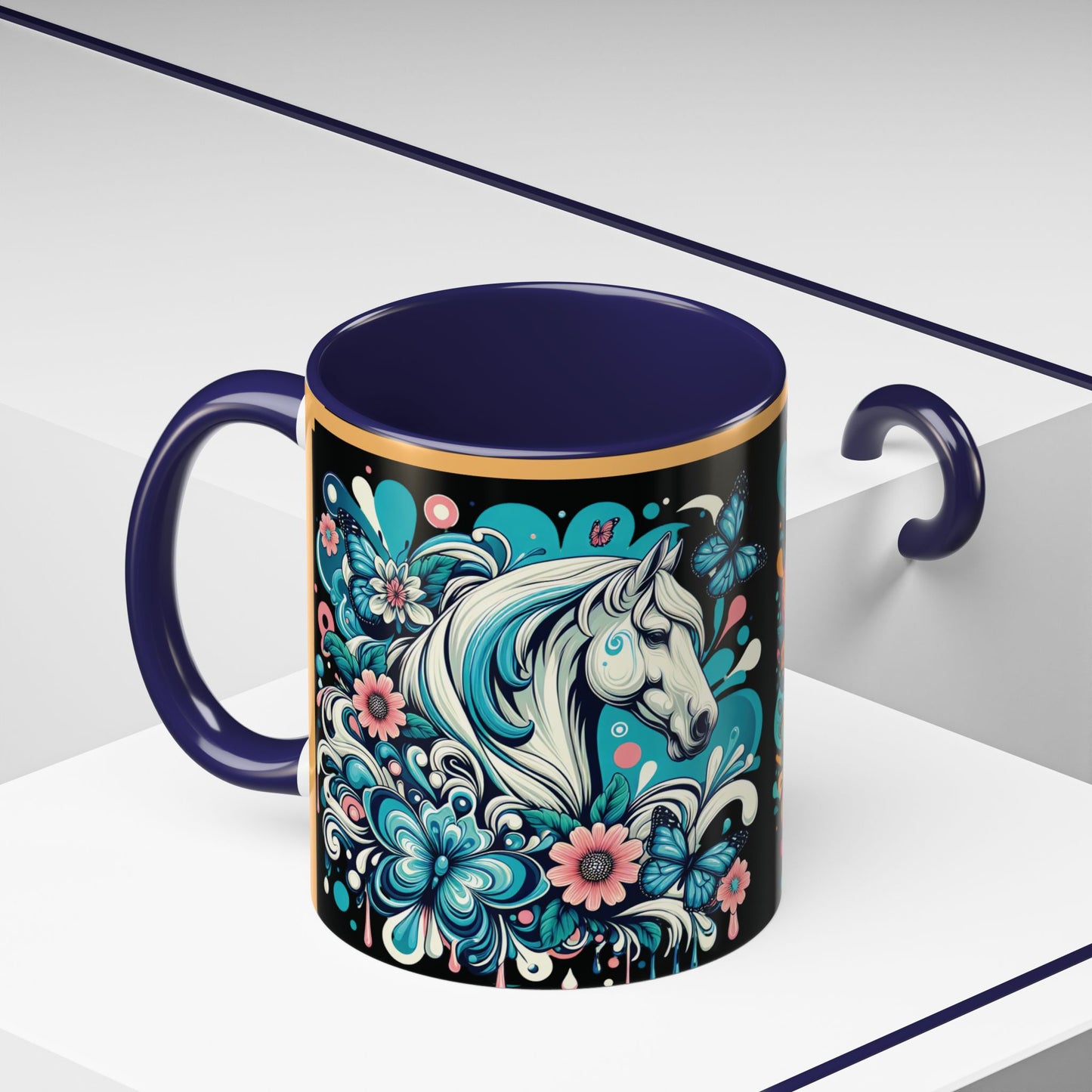 Coffee Mug White Horses with Blue Highlights in Flowers - Mug