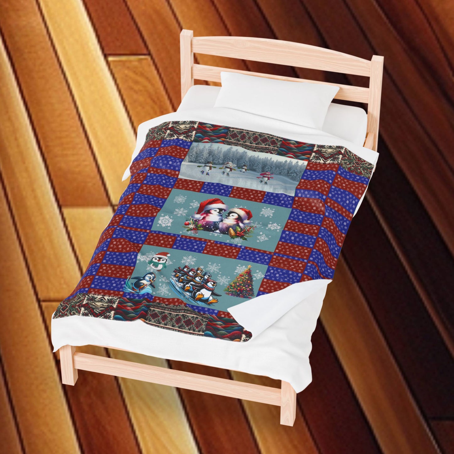 Winter Fun Velveteen Plush Blanket — Snowmen, Penguins & Birds in Love Throw