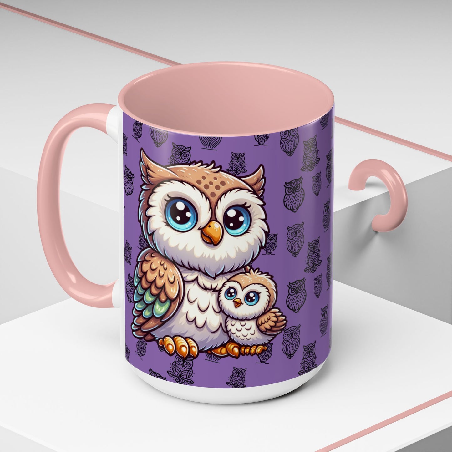 Purple Coffee Mug - Owl Family - Colorful Inspirational Owl Design