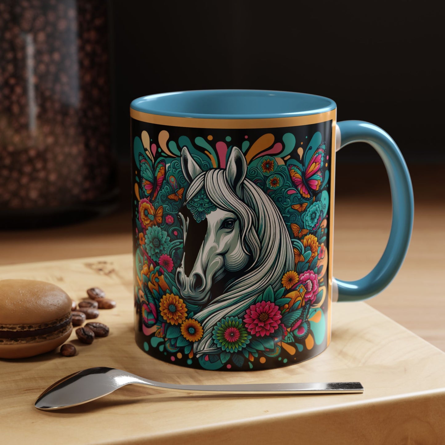 Coffee Mug White Horses with Blue Highlights in Flowers - Mug