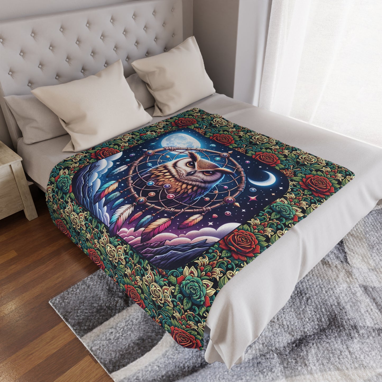 Owl Dreamcatcher Minky Blanket – Boho Night Sky Throw with Roses