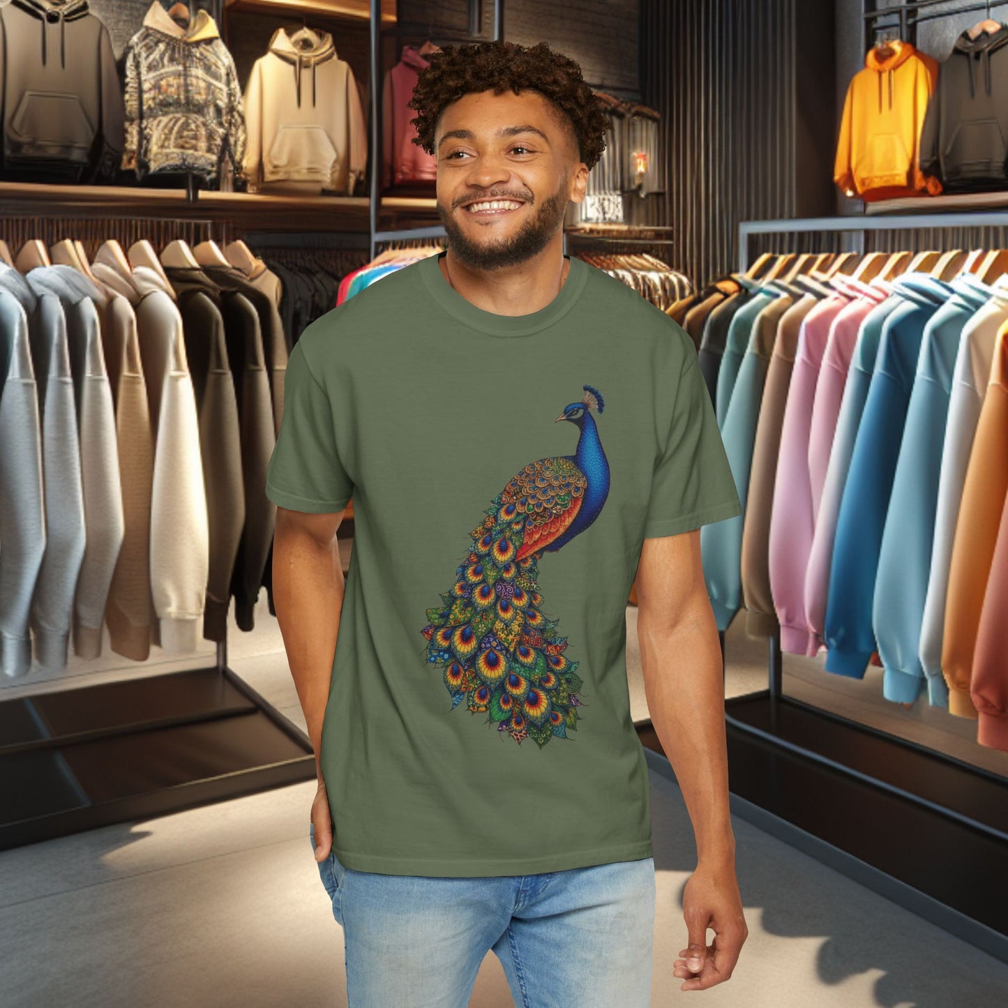 Patchwork Peacock, Garment-Dyed T-Shirt — pho Patchwork Festive Top