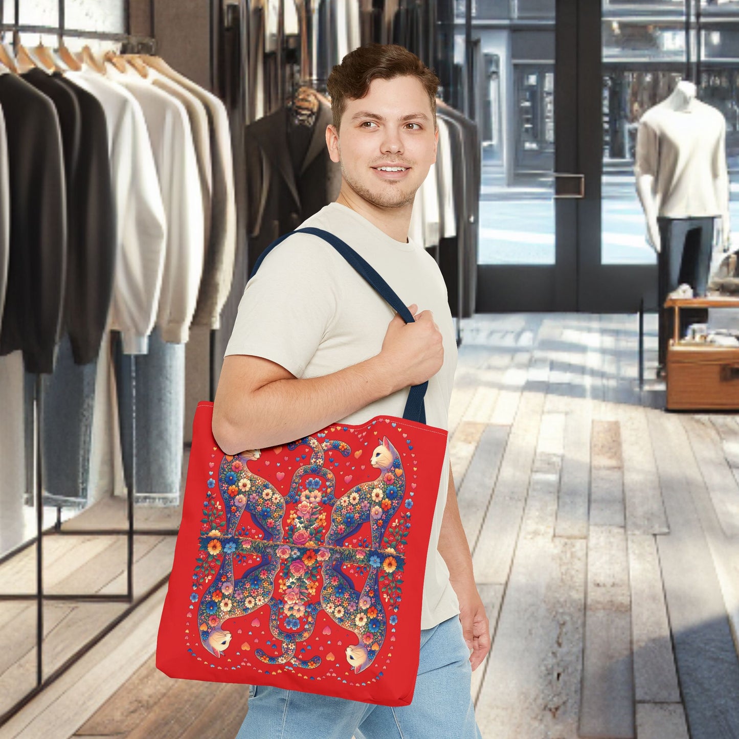 Loving Cat Flower Mozaic Tote Bag Dark Red