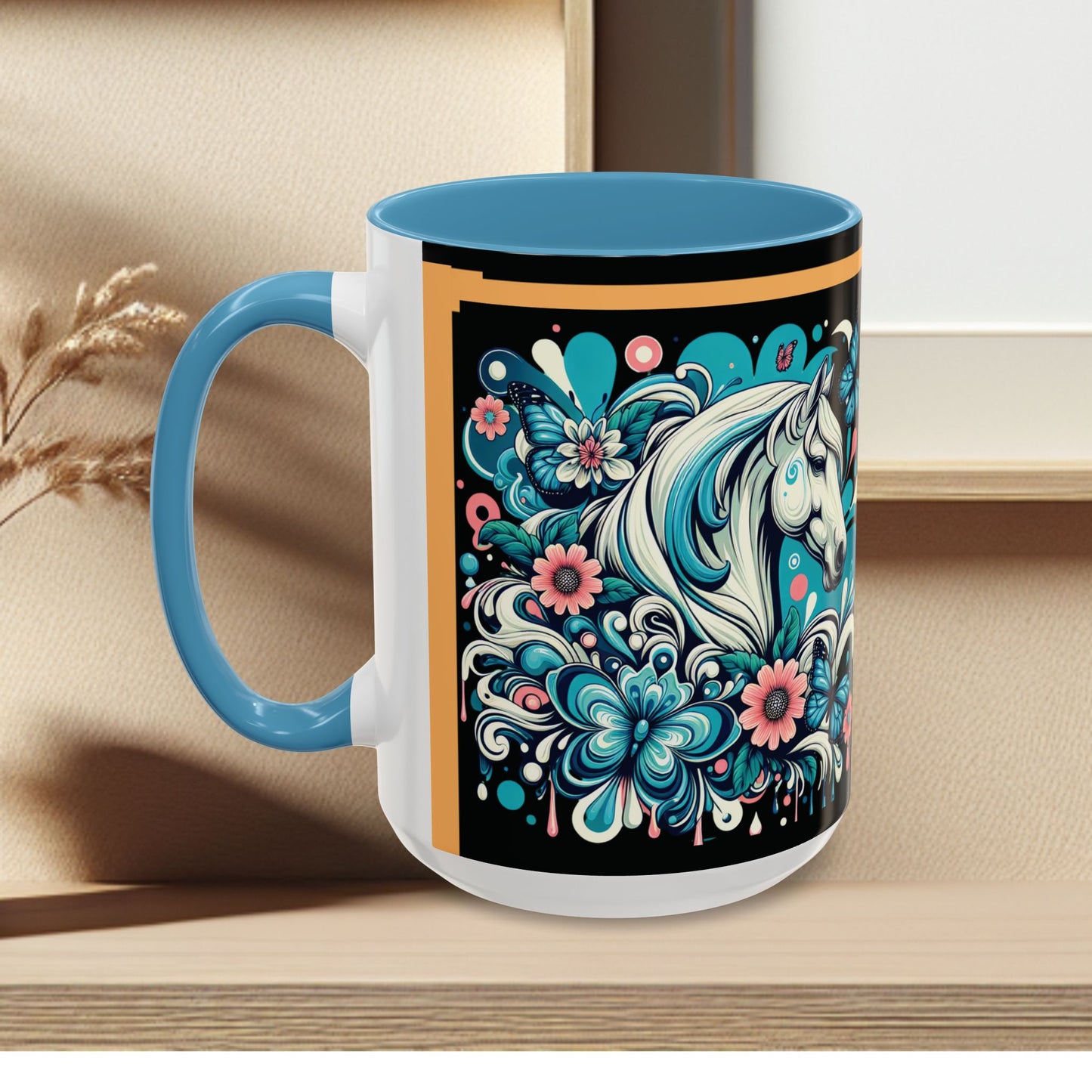 Coffee Mug White Horses with Blue Highlights in Flowers - Mug