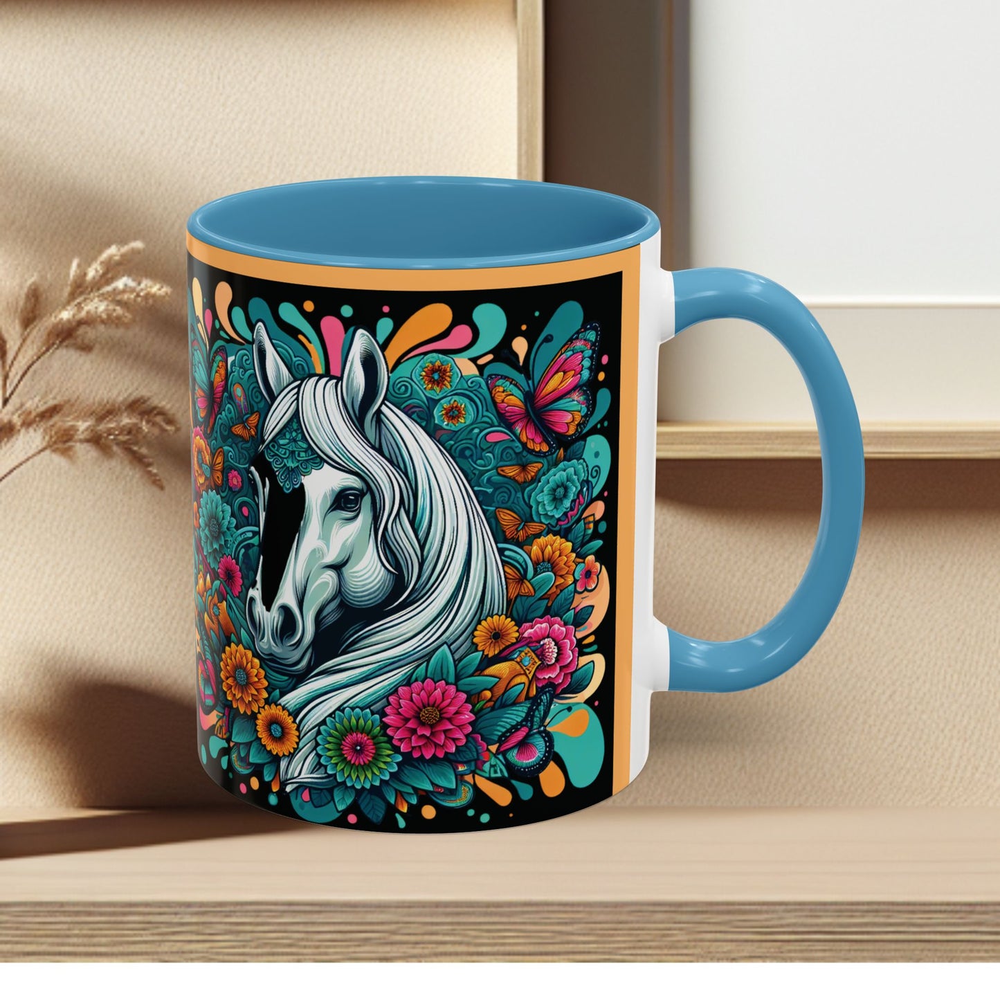 Coffee Mug White Horses with Blue Highlights in Flowers - Mug