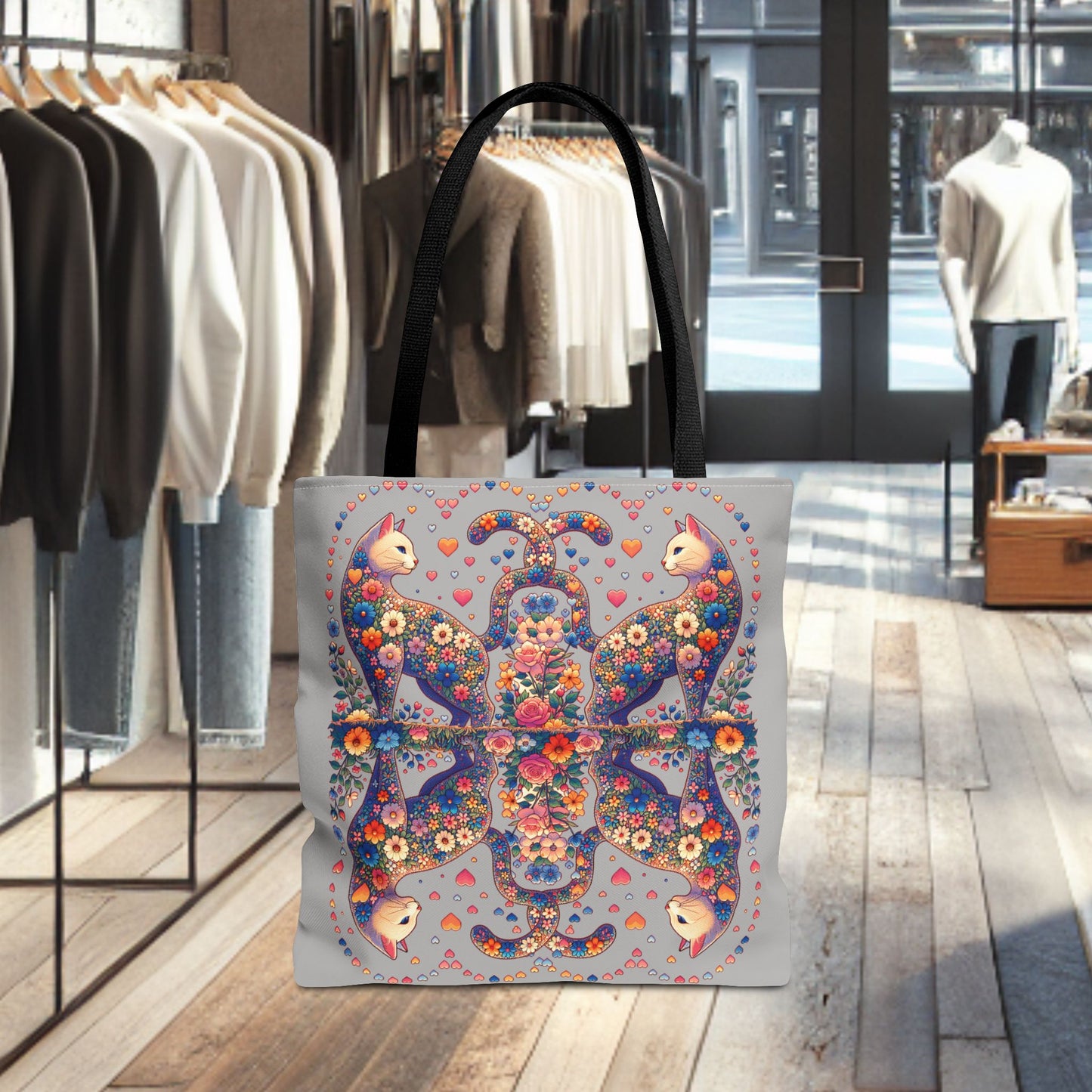Mosaic Loving Cat Light Gray Tote Bag (AOP)
