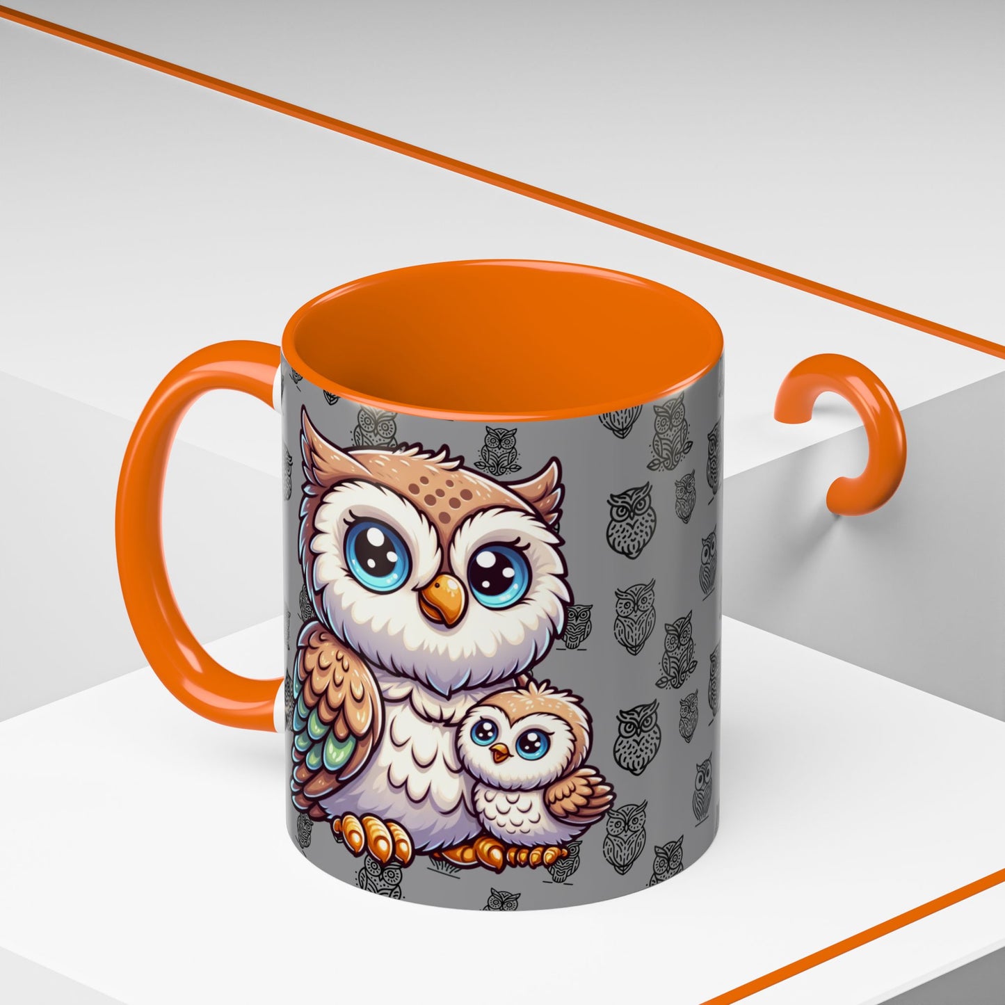 Gray Coffee Mug - Owl Family - Colorful Inspirational Owl Design