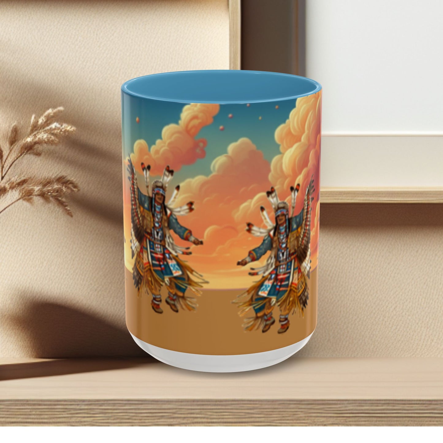 Sunset Powwow Ceramic Mug — Native American Dancer Accent Coffee Mug (11/15oz)