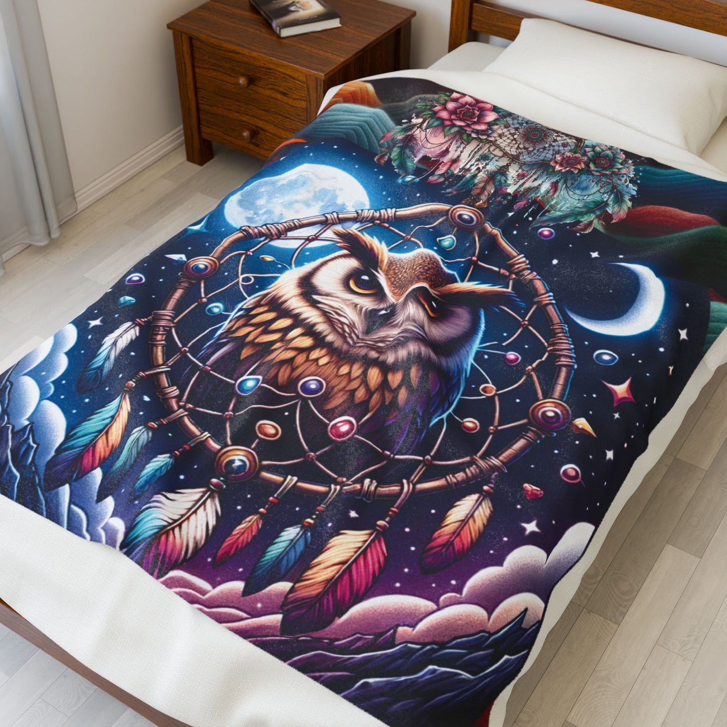 Brown Owl Dreamcatcher Velveteen Plush Blanket — Cozy Owl Throw