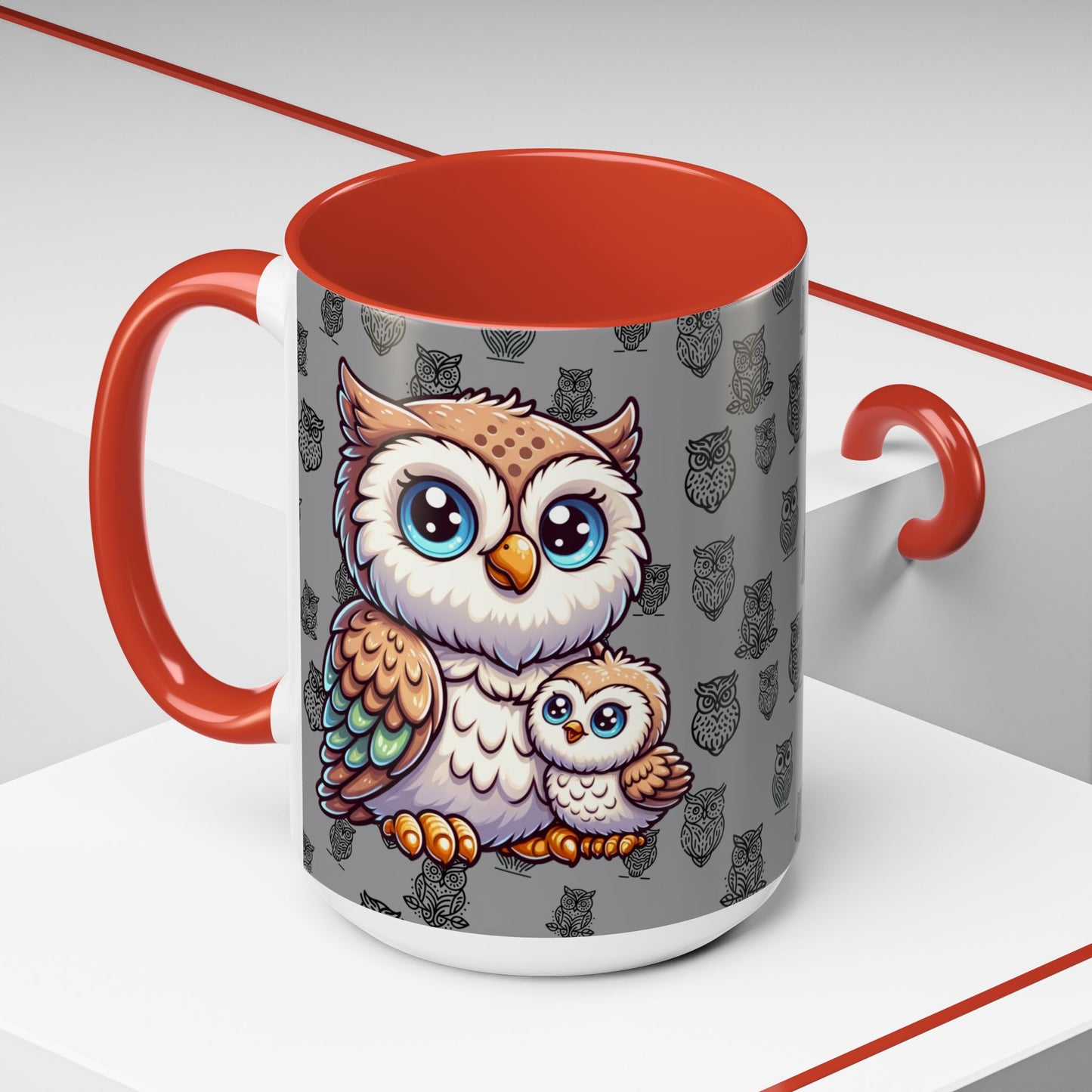 Gray Coffee Mug - Owl Family - Colorful Inspirational Owl Design