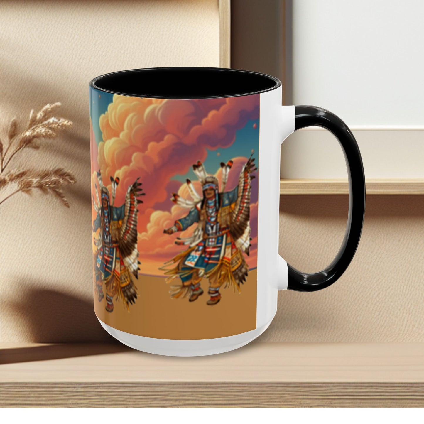 Sunset Powwow Ceramic Mug — Native American Dancer Accent Coffee Mug (11/15oz)