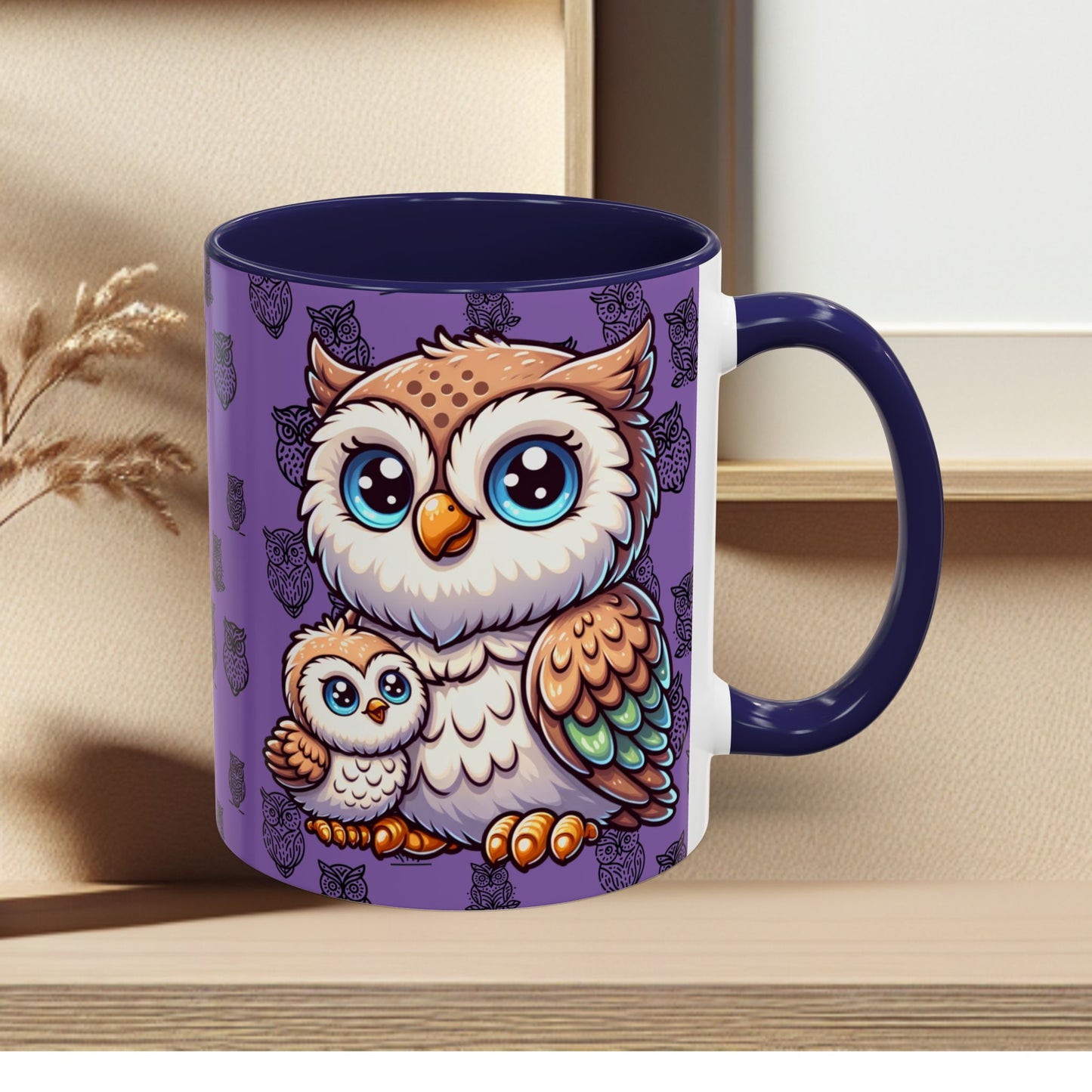 Purple Coffee Mug - Owl Family - Colorful Inspirational Owl Design